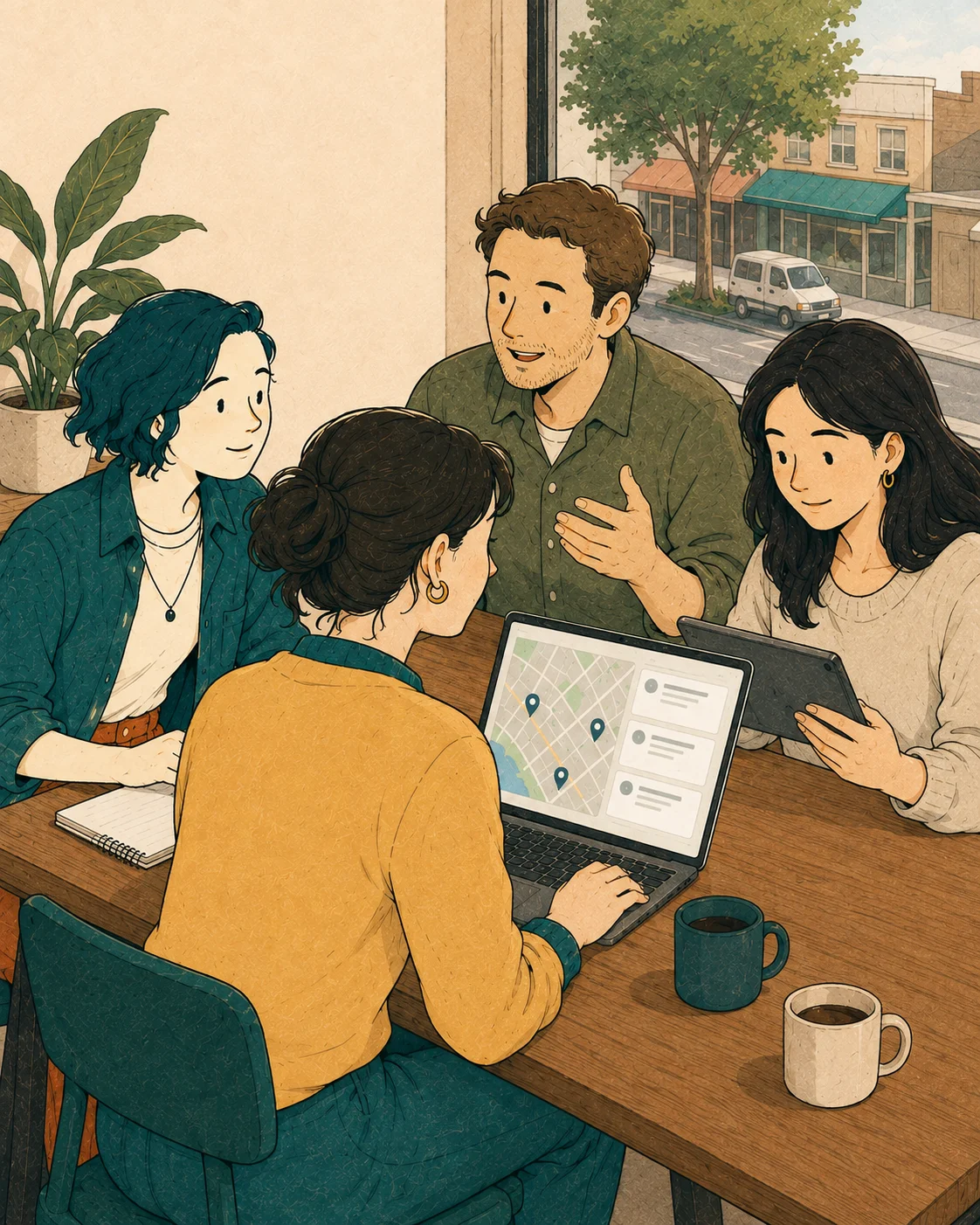 The Creative Content team reviews a local map pack together at the studio table, with Dunedin shopfronts visible through the window