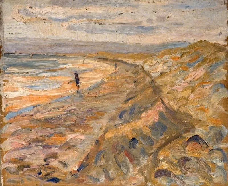 A semi-abstract painting of a person on a beach