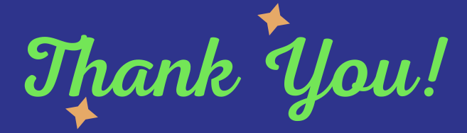 "Thank you" in green on a blue background with stars