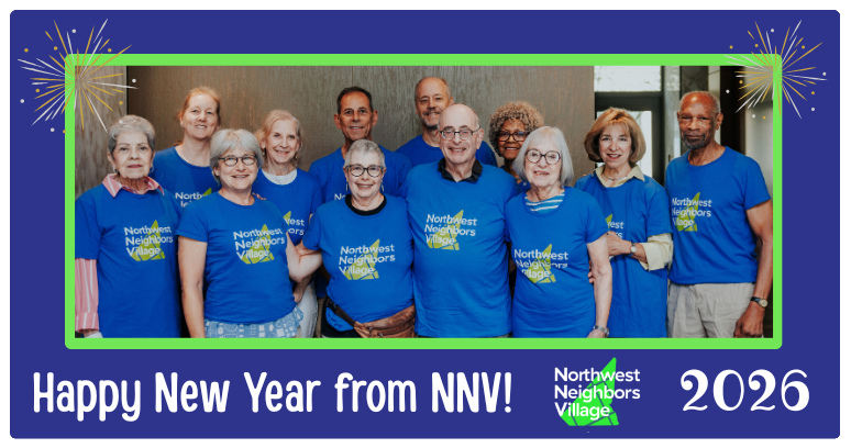 A photo of a group of people wearing NNV t-shirts in a frame that says "Happy New Year from NNV 2026!"