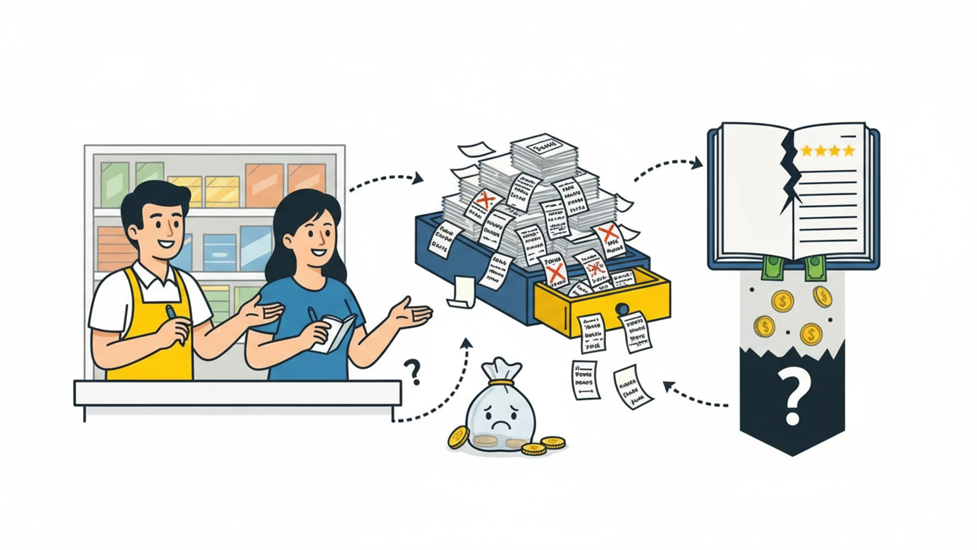 Clientes comprando productos a crédito en una tienda de barrio, reflejando la dinámica comercial en Latinoamérica.