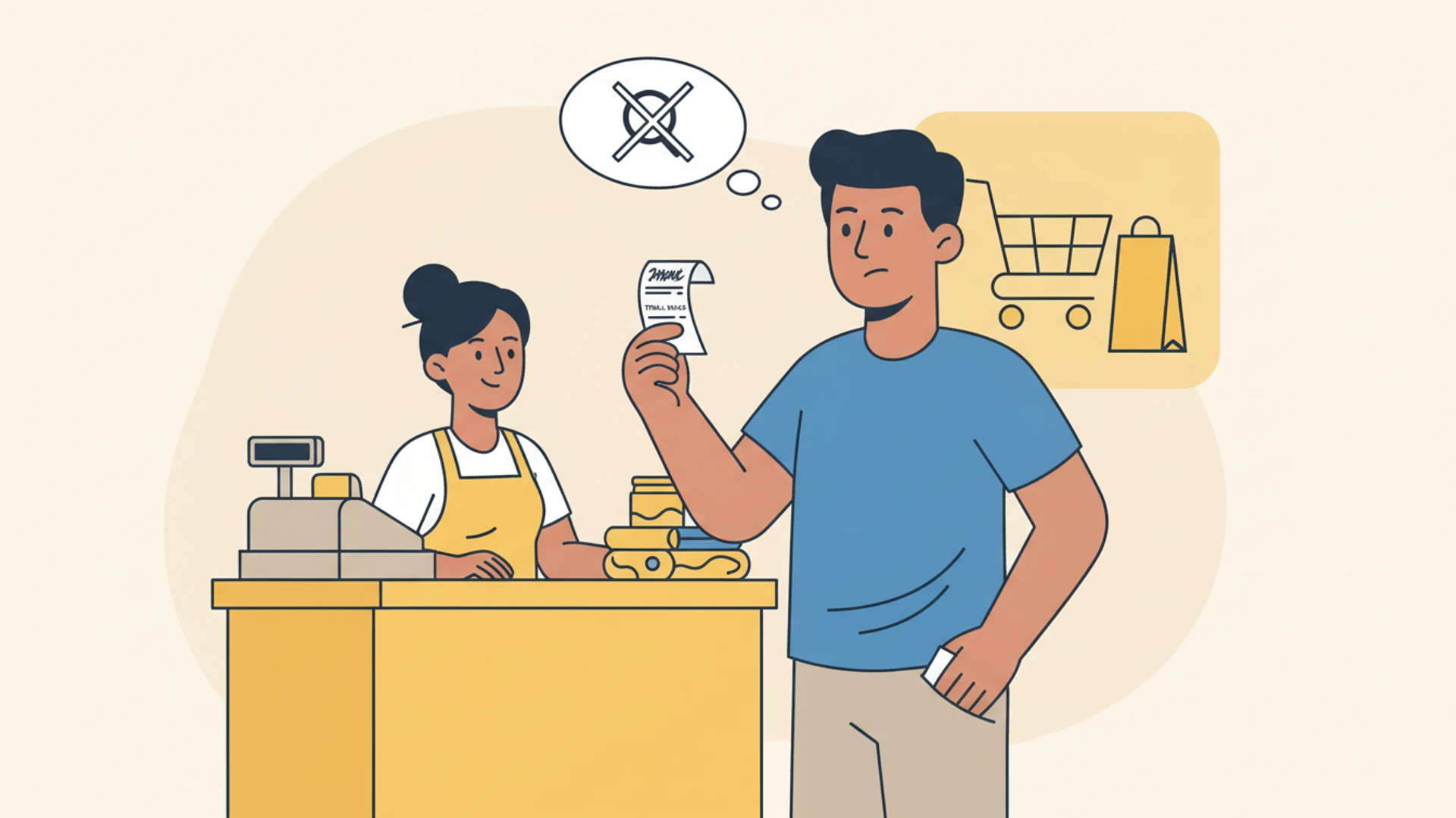 Recibo de compra en minimarket de barrio en Latinoamérica, guardado rápidamente en el bolsillo por un cliente.