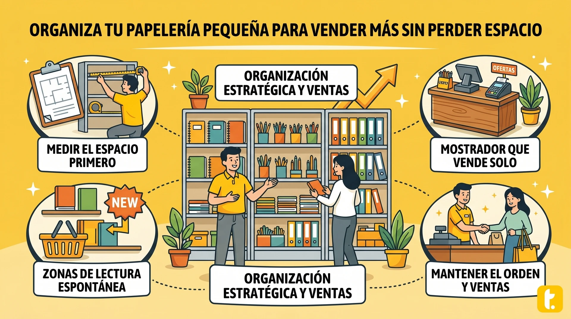 Diseño colorido de papelería organizada en un escritorio, ideal para aumentar ventas y optimizar espacio.
