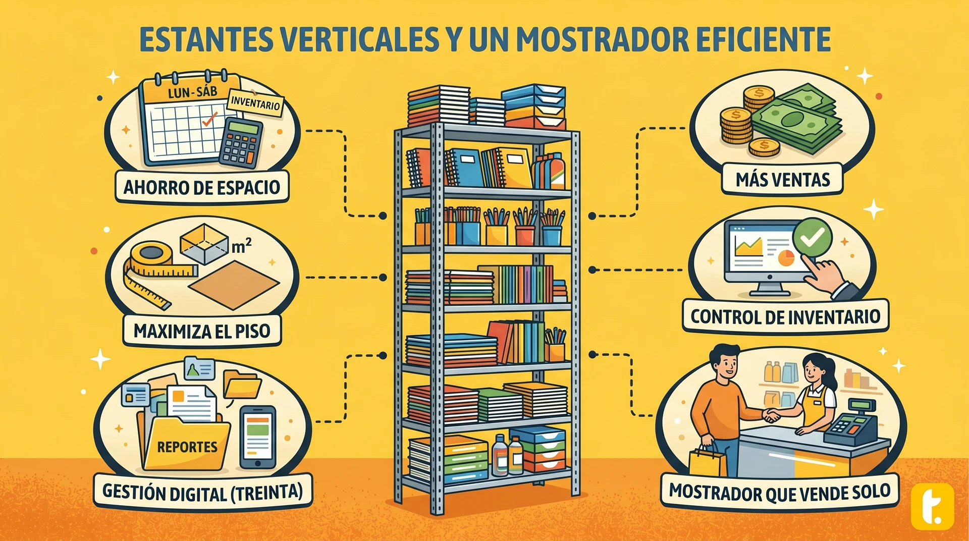 Estantes verticales de cinco niveles en una papelería pequeña, optimizando el espacio y maximizando la exhibición de productos.
