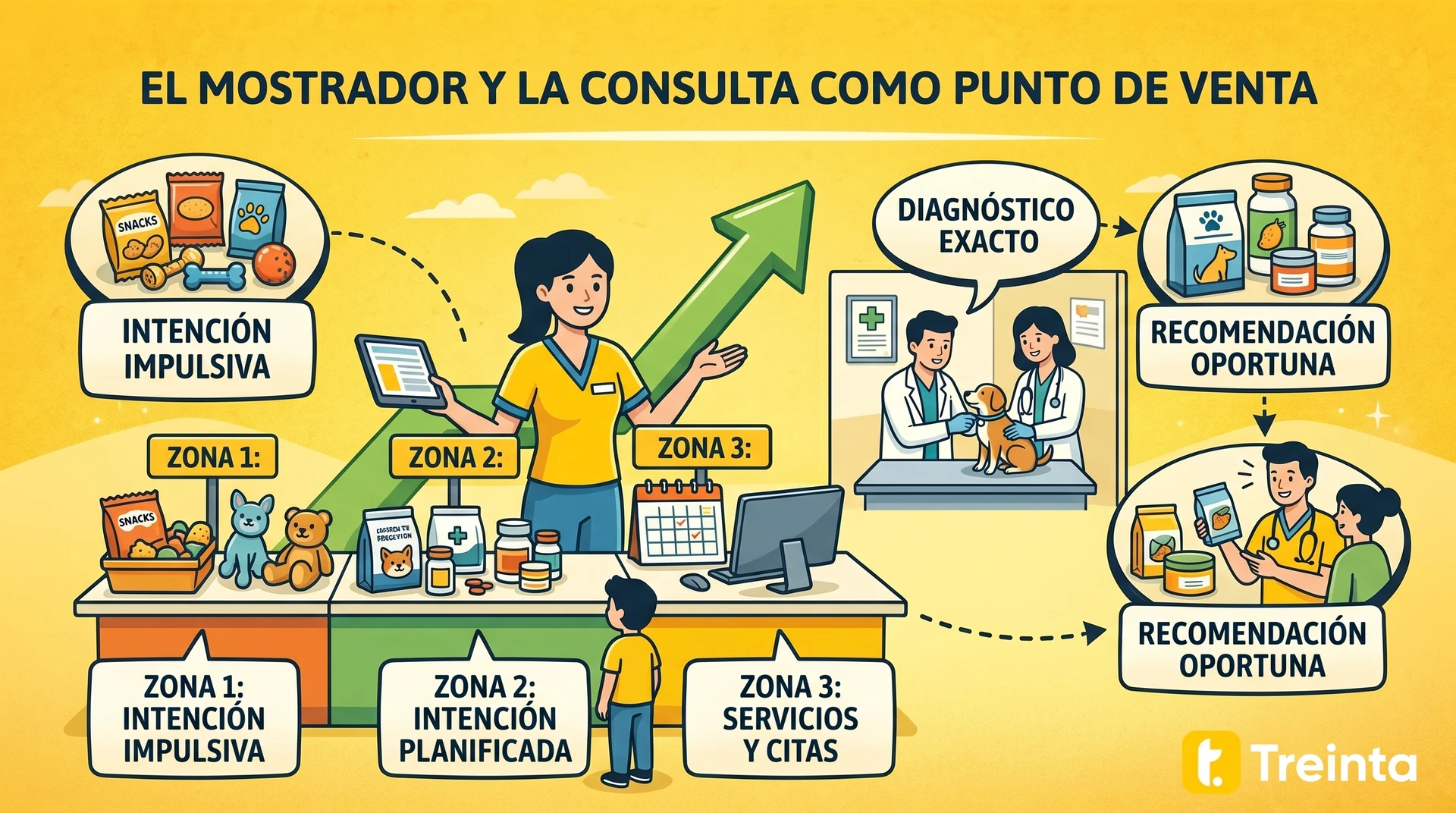 Mostrador dividido en tres zonas de compra, optimizando la consulta con recomendaciones personalizadas post-diagnóstico.