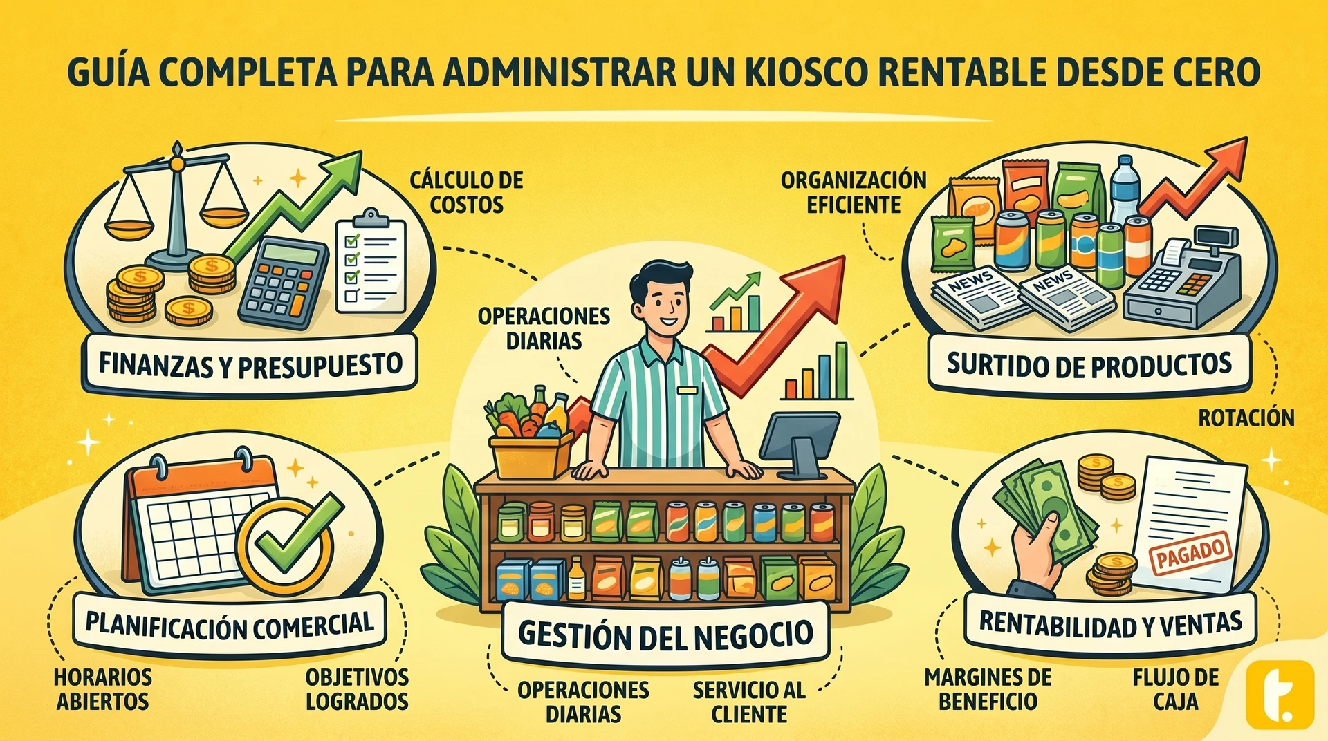 Guía visual sobre cómo administrar un kiosco rentable desde cero, con estrategias y consejos prácticos.