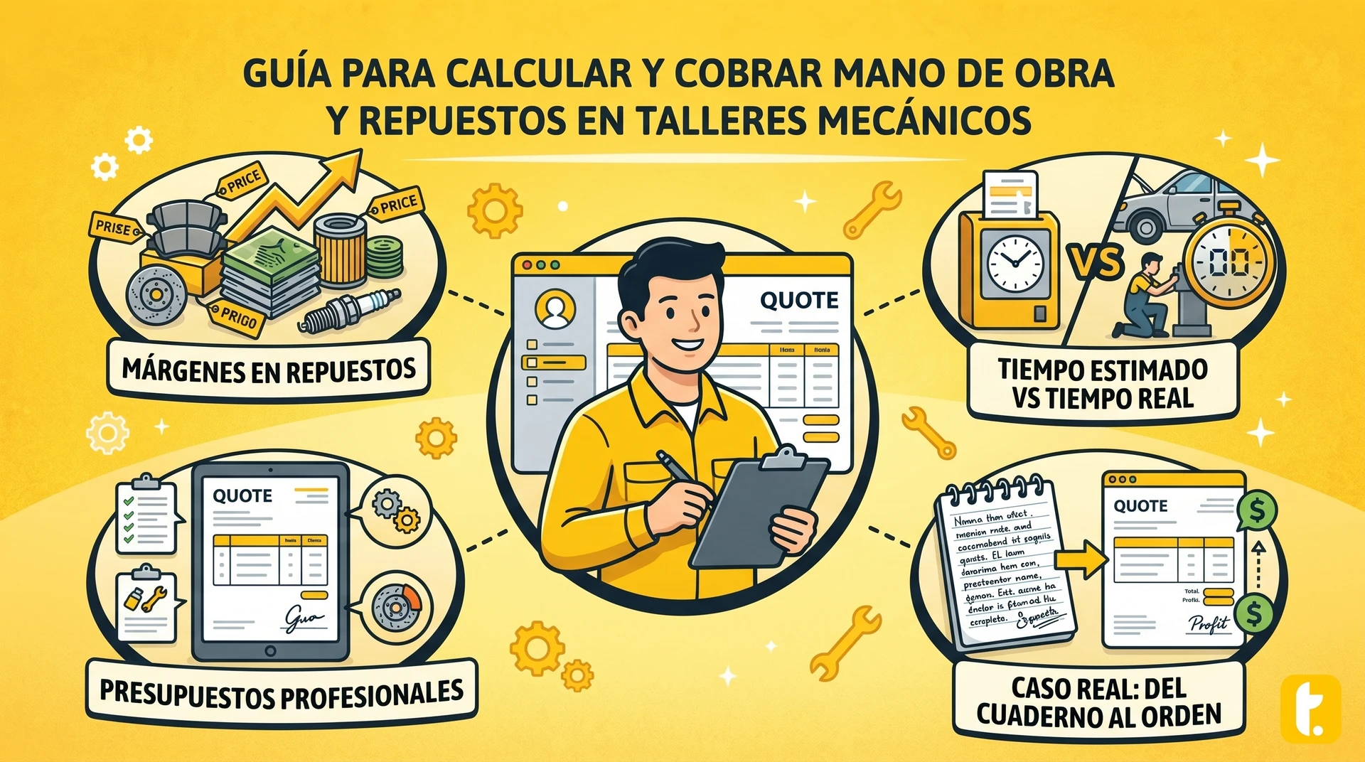 Guía visual para calcular y cobrar mano de obra y repuestos en talleres mecánicos.