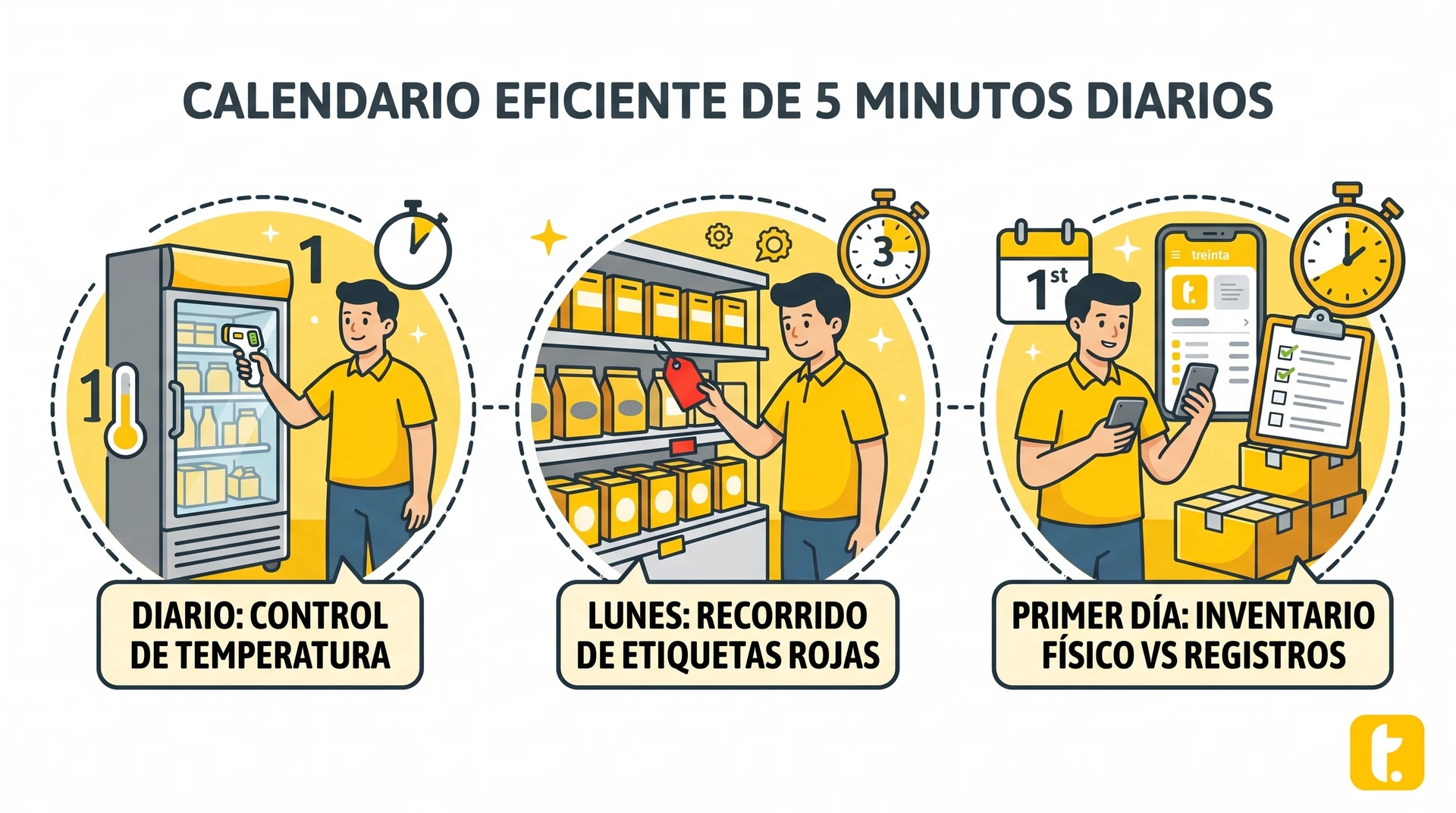 Calendario para la gestión de refrigeradores: revisa temperatura y etiquetas rojas semanalmente.