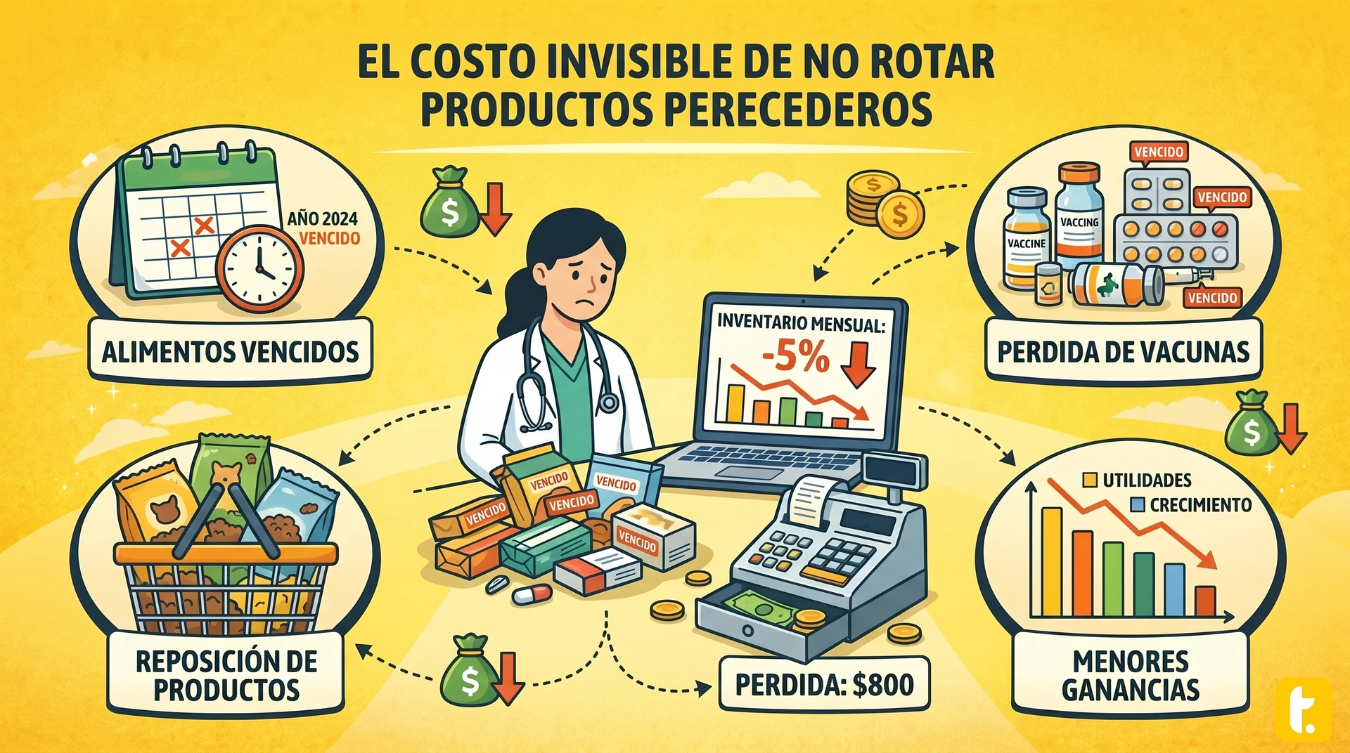Veterinaria pequeña enfrentando pérdidas del 3% al 8% en inventario de productos perecederos por vencimiento mensual.