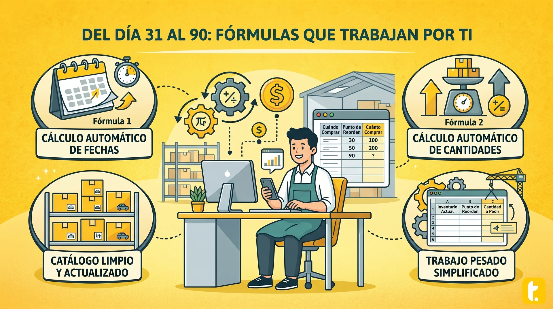 Fórmulas automáticas en hoja de cálculo que optimizan compras entre el día 31 y 90 de un proceso.