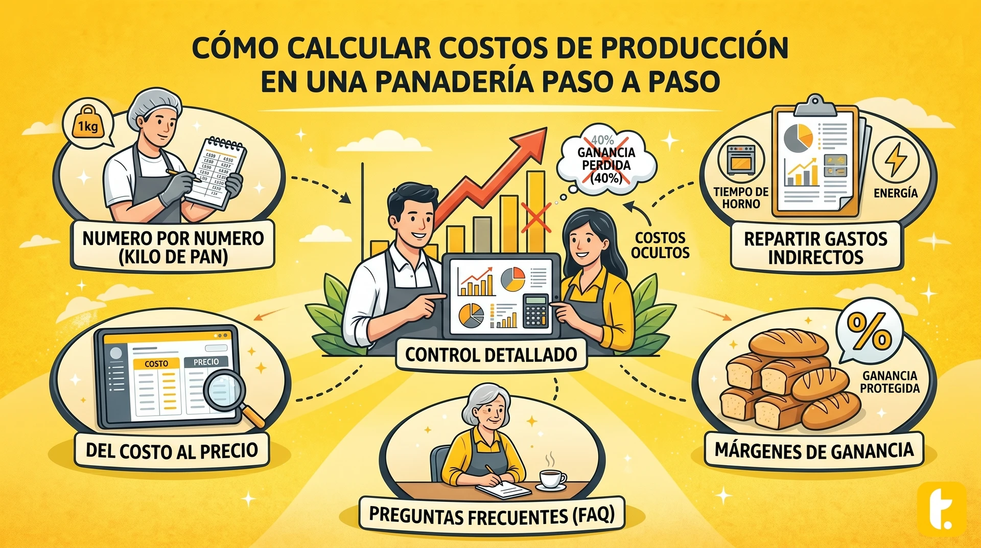 Portada del artículo sobre cómo calcular costos de producción en una panadería, mostrando pan fresco y herramientas de pastelería.