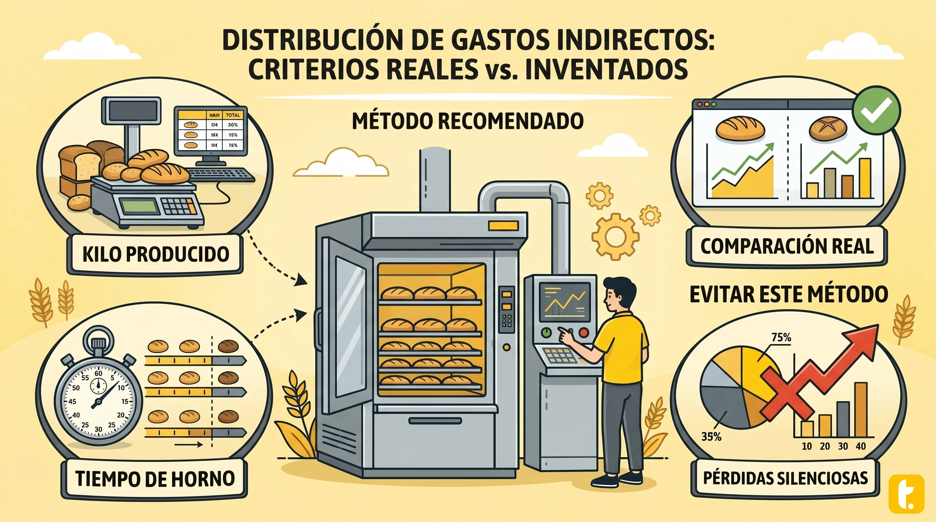 Métodos para repartir gastos indirectos por kilo o por tiempo de horno en panaderías.
