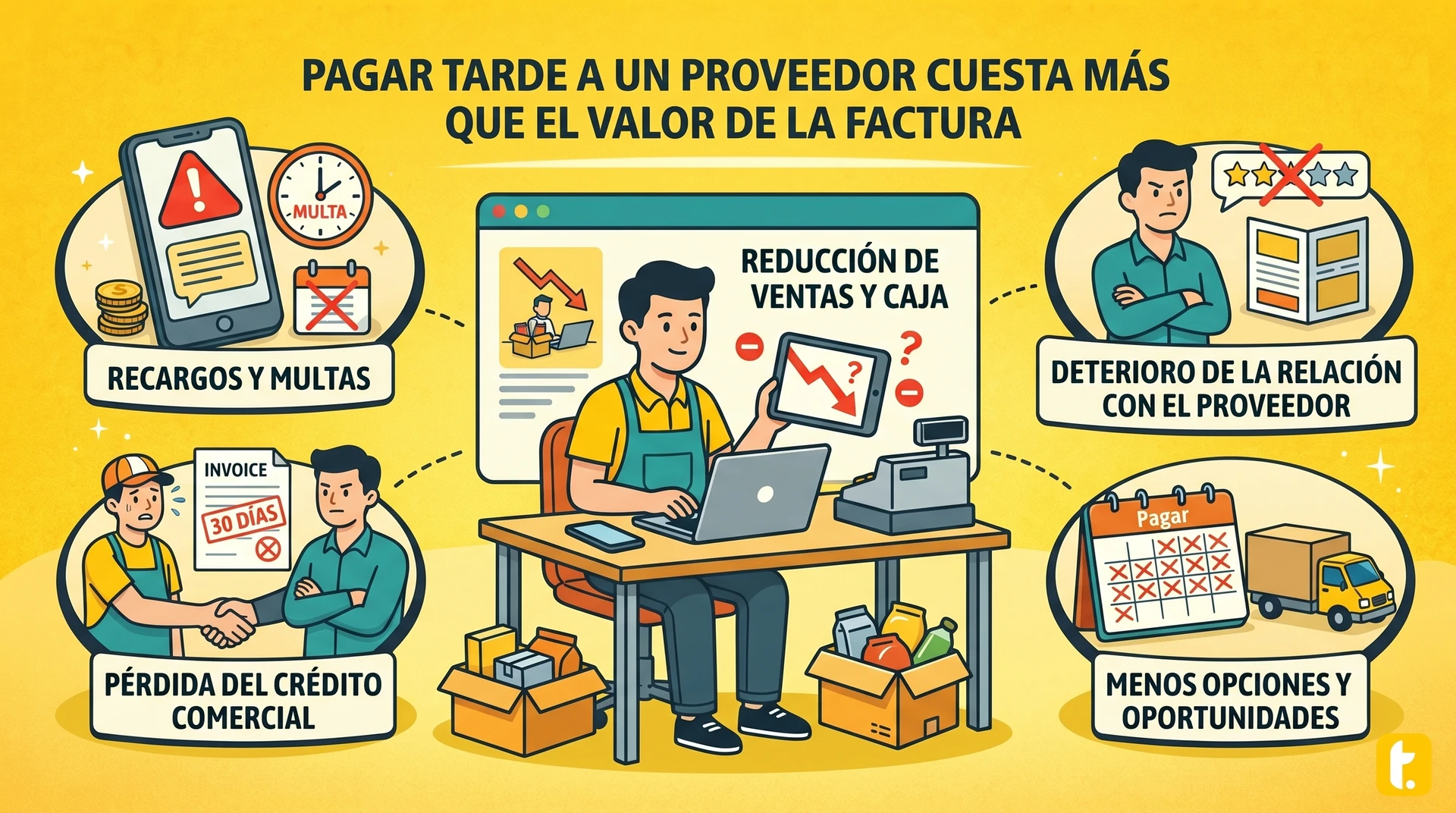 Un negocio pequeño incumple un pago a su proveedor, afectando su crédito y capacidad de compra futura.