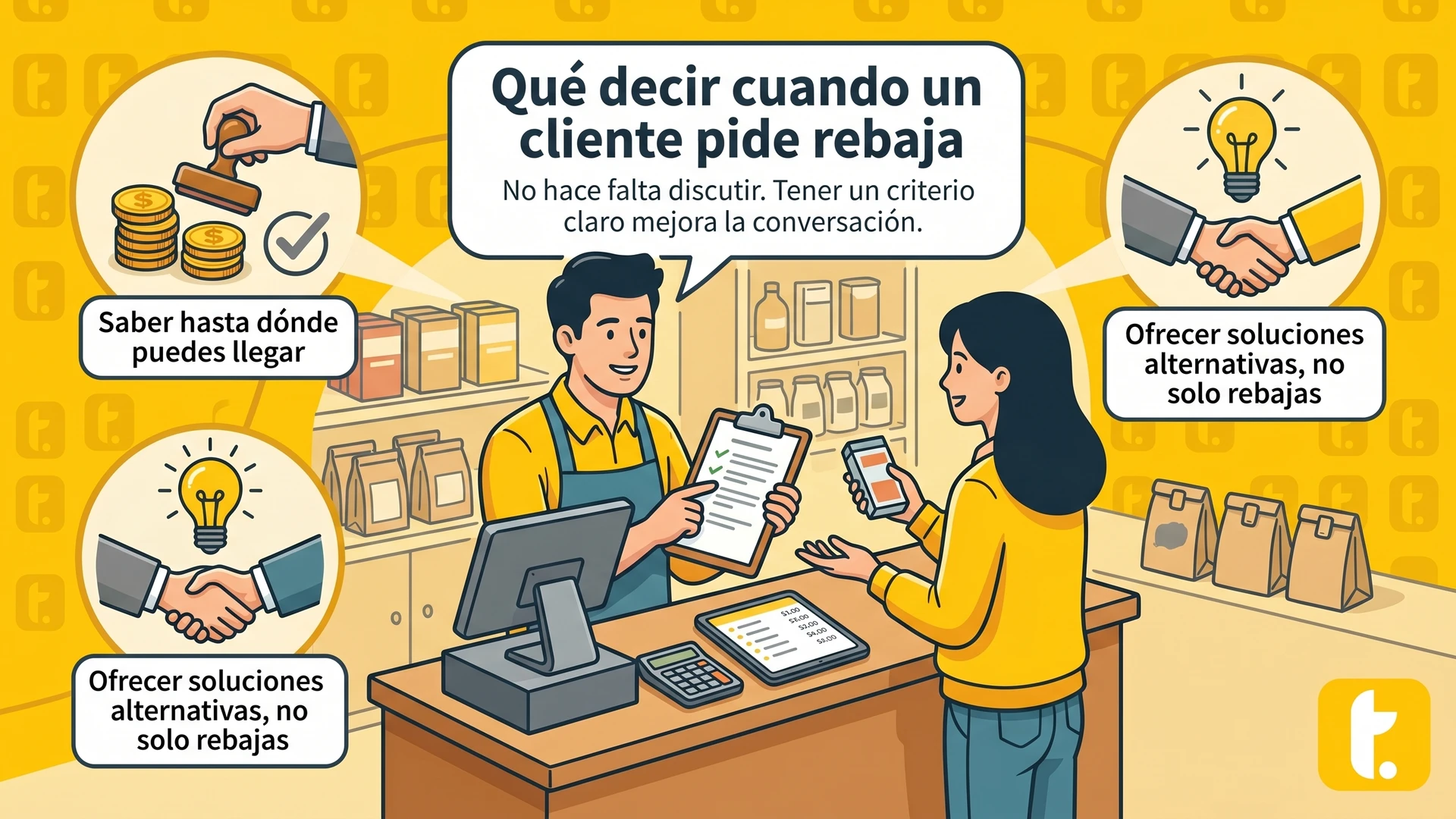 Cliente dialogando con vendedor sobre una rebaja en el precio de un producto en la tienda.