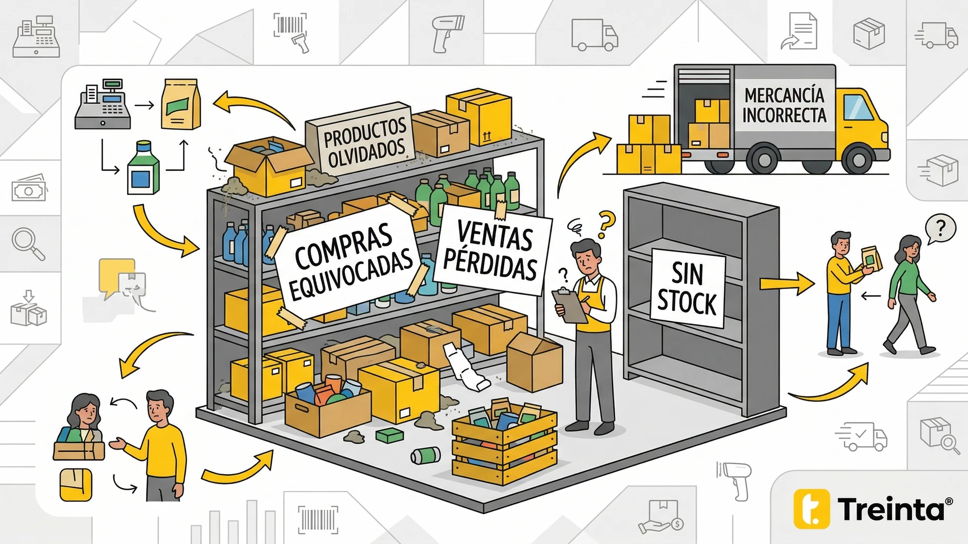 Inventario desordenado en una tienda pequeña, mostrando falta de productos populares y mercancía olvidada.