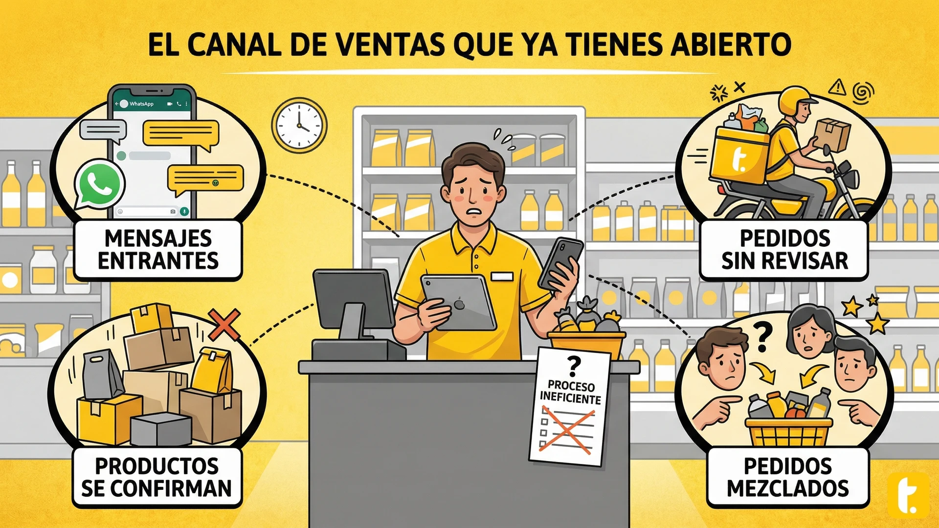 Pequeño comercio gestionando pedidos por WhatsApp, mostrando el caos en la organización y confirmación de productos.