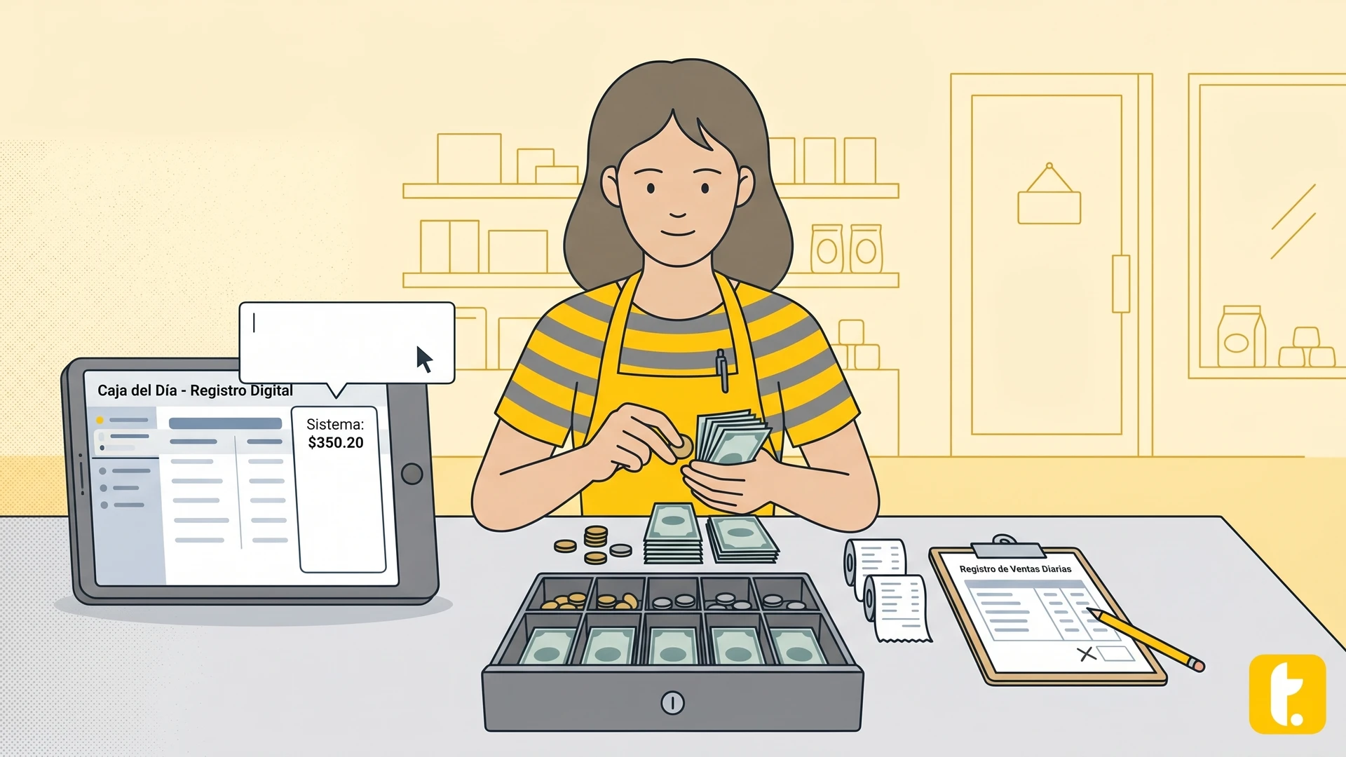 Arqueo de caja: conteo de billetes y monedas en caja registradora para verificar saldos y detectar discrepancias.
