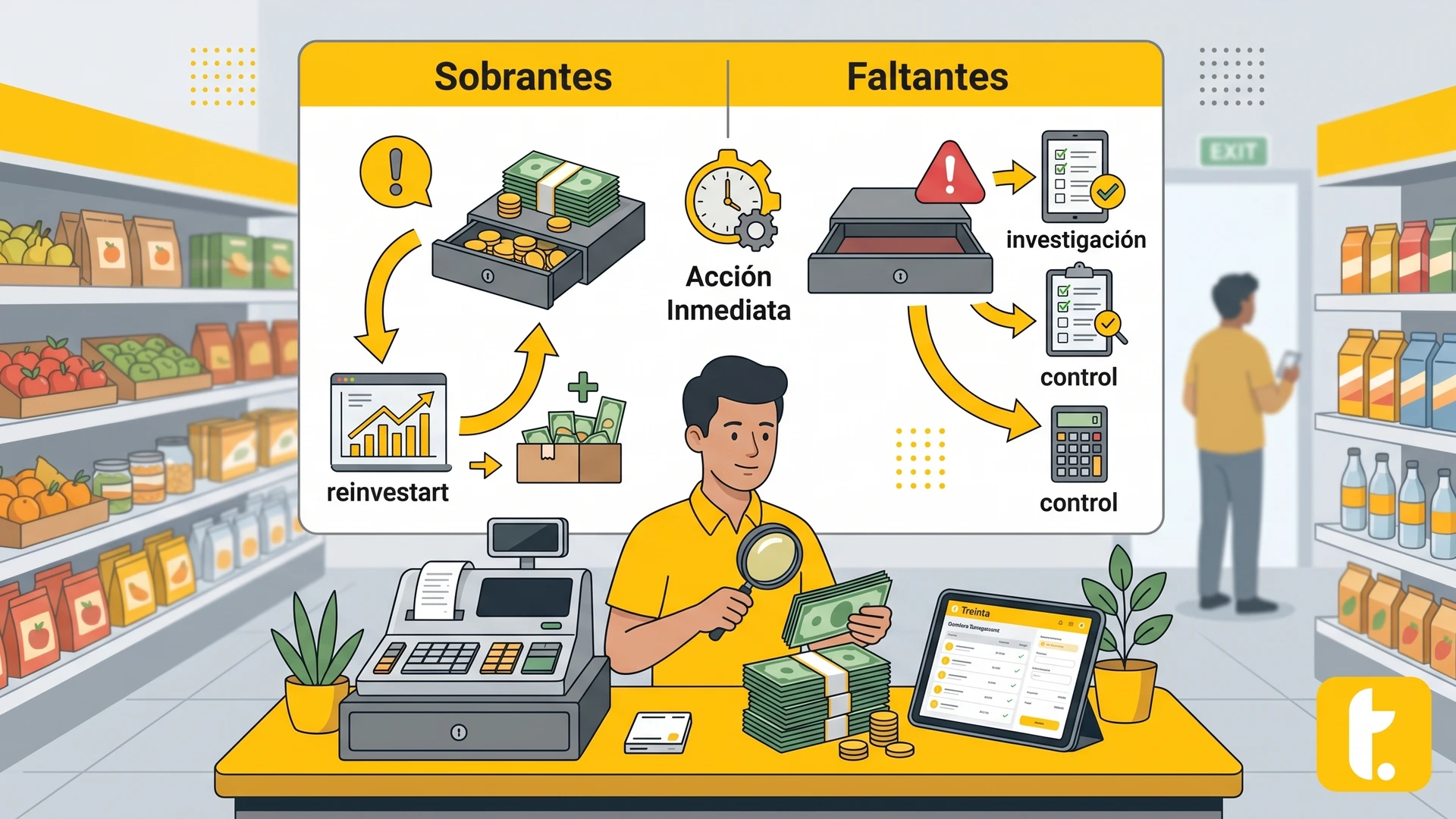 Guía sobre cómo gestionar sobrantes y faltantes de dinero en arqueos contables.