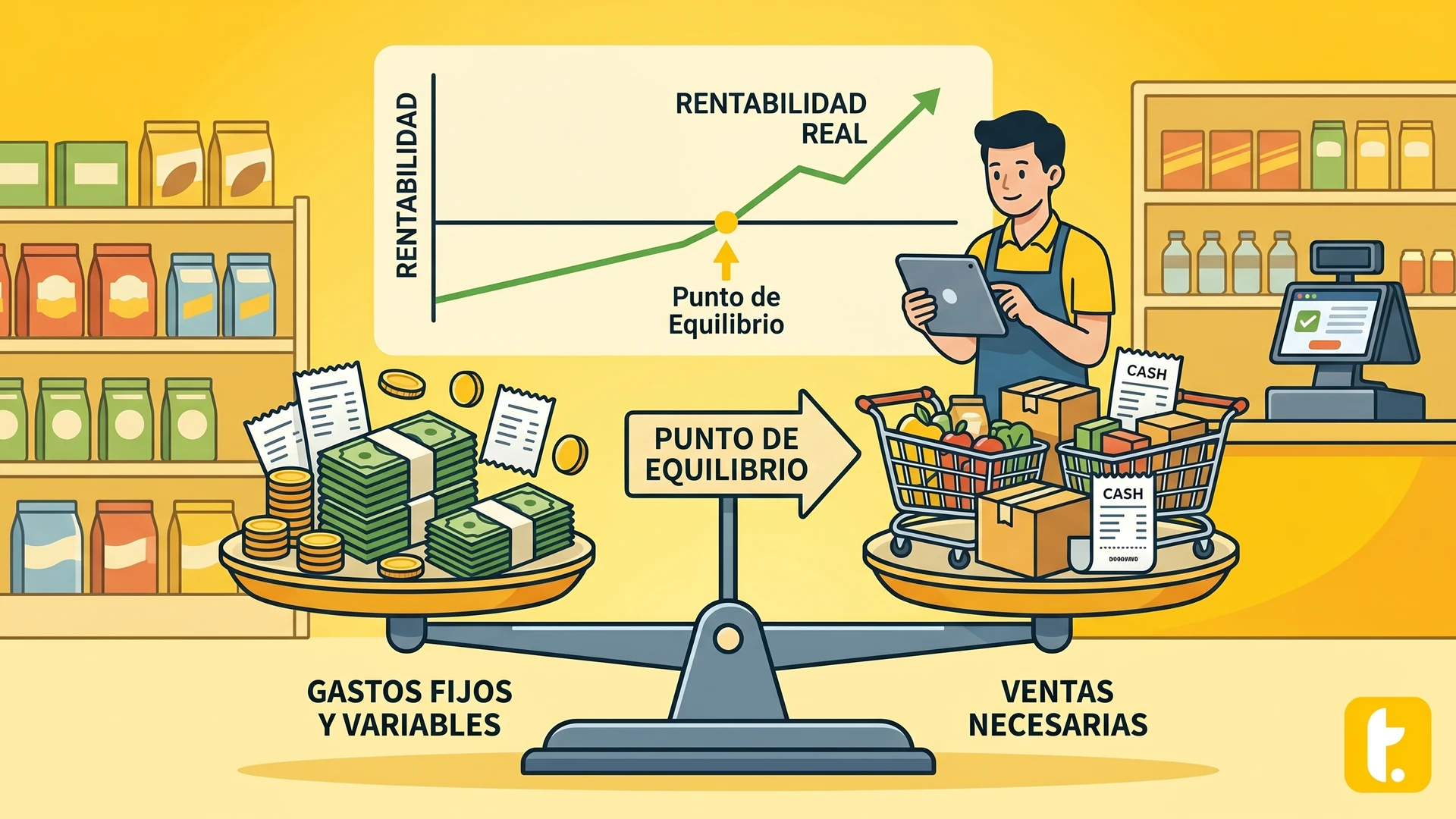 Diagrama explicativo del punto de equilibrio en negocios, mostrando ventas, costos y rentabilidad mensual.