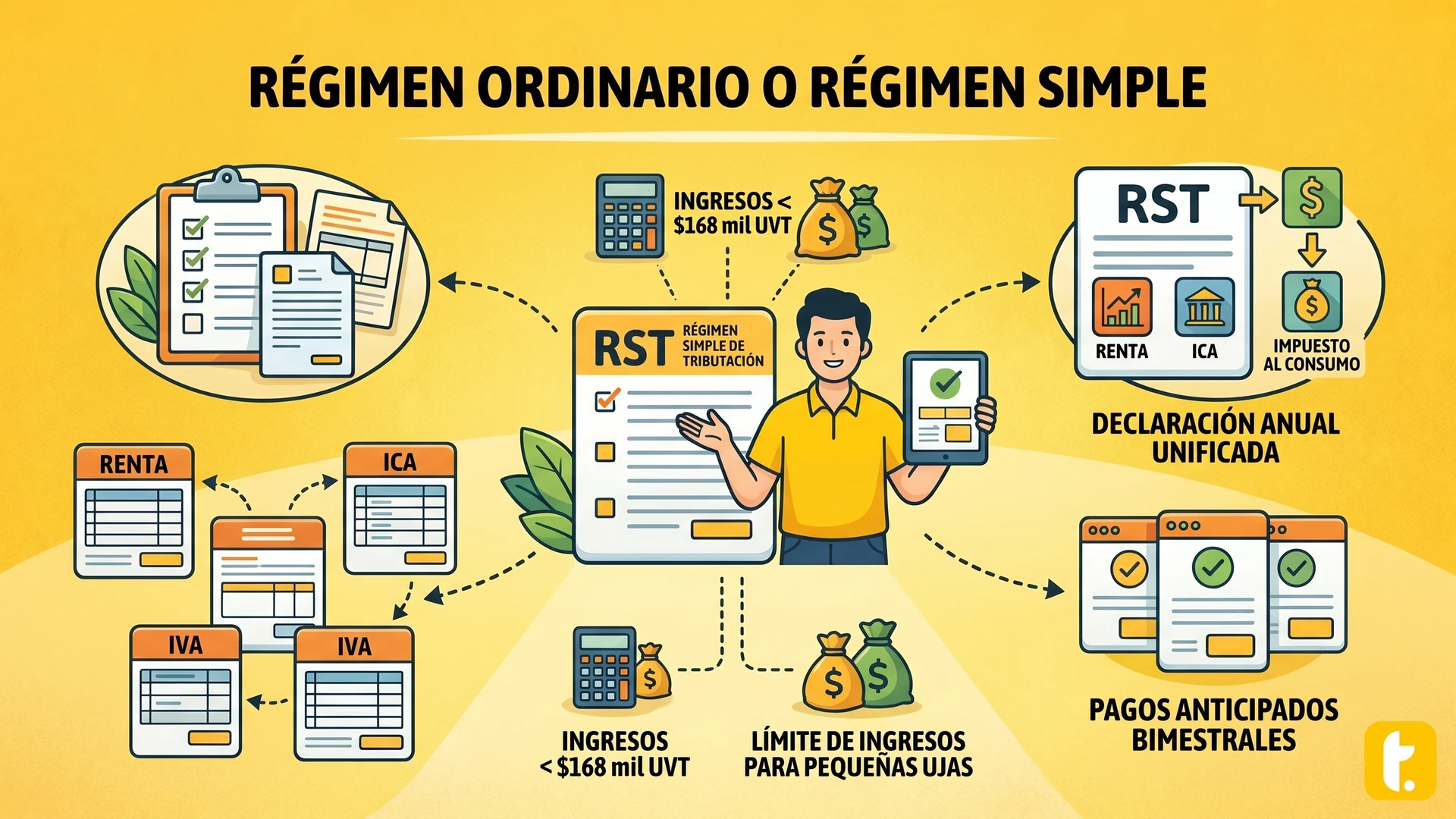 Comparativa entre el Régimen Ordinario y Régimen Simple de Tributación, destacando unificación de impuestos y beneficios.