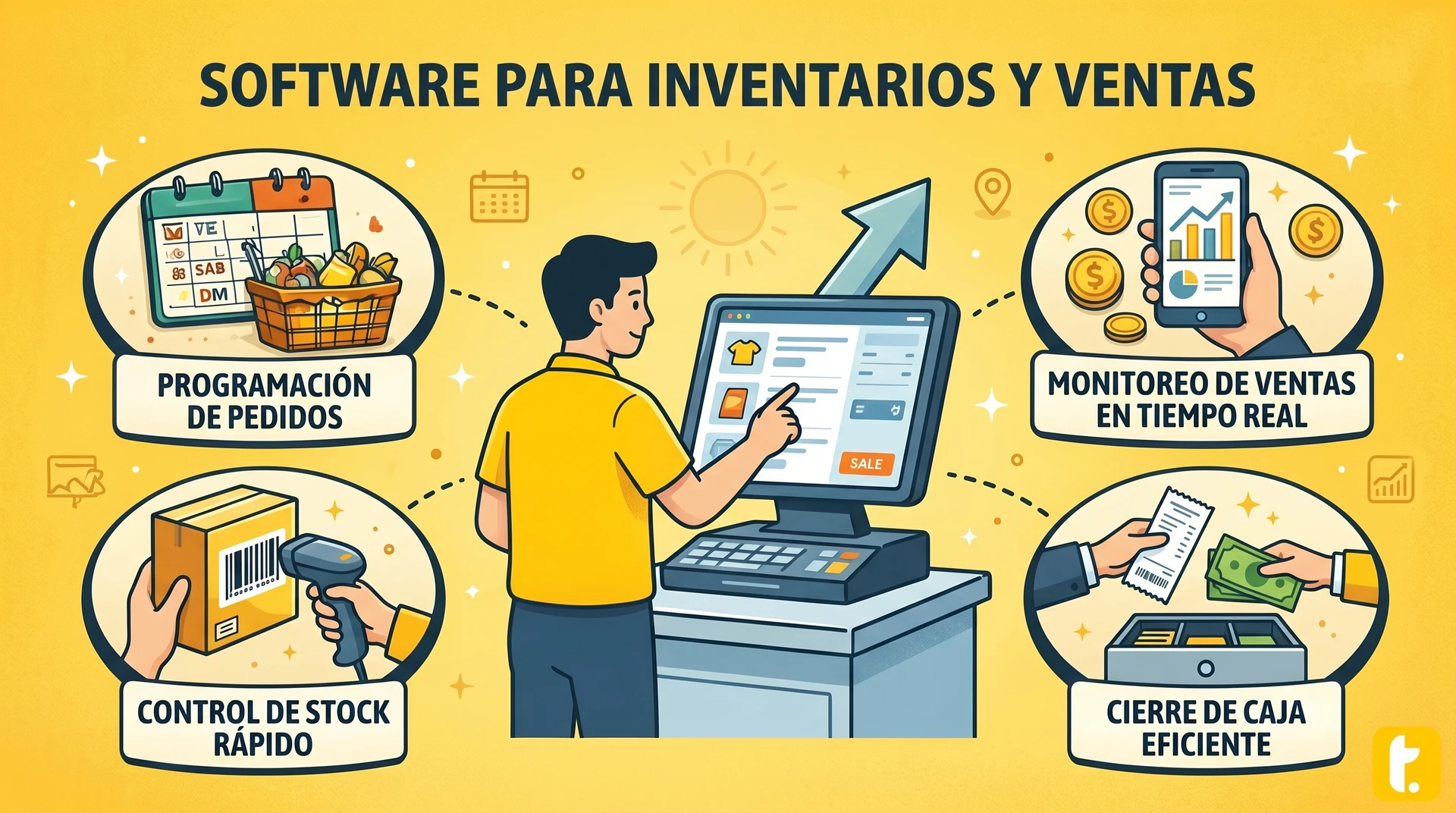 Ilustración de software para inventarios y ventas, estilo plano y minimalista, con paleta de colores amigable.