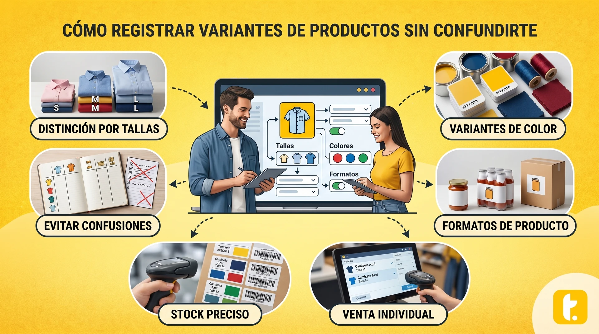 Guía para registrar variantes de productos como tallas, colores y formatos sin confusiones.