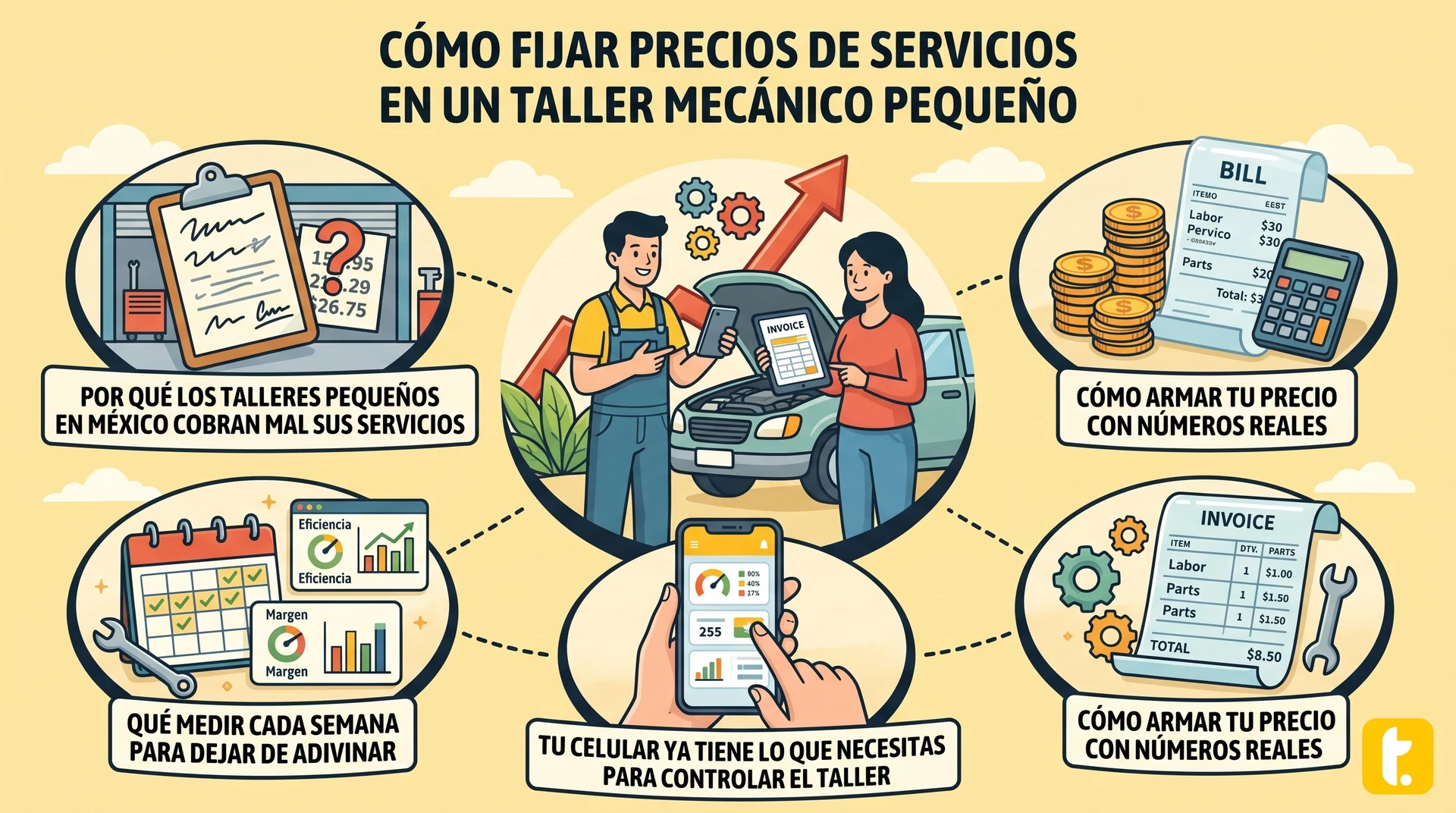 Cubierta del artículo sobre estrategias efectivas para fijar precios de servicios en un taller mecánico pequeño.