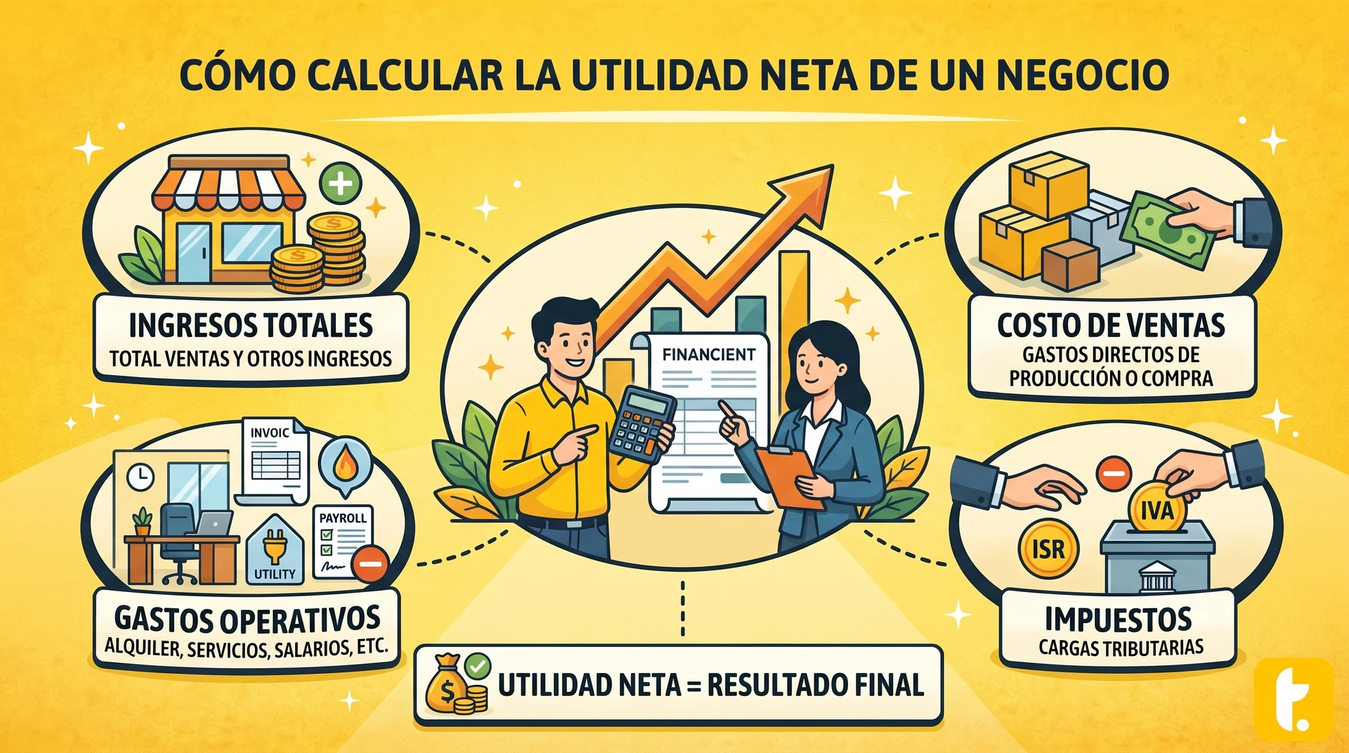 Portada del artículo sobre cómo calcular la utilidad neta de un negocio, con gráficos y cifras financieras.