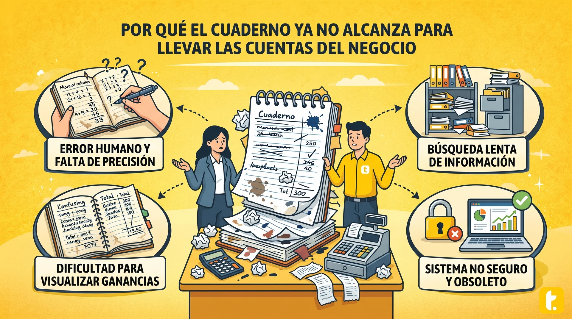 Ilustración minimalista de un cuaderno y tecnología moderna, representando la evolución en la gestión de negocios.