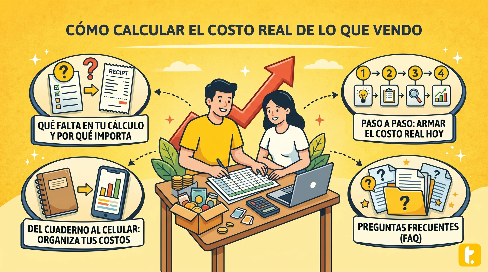 Portada del artículo "Cómo calcular el costo real de lo que vendo", con gráficos y textos sobre finanzas y precios.
