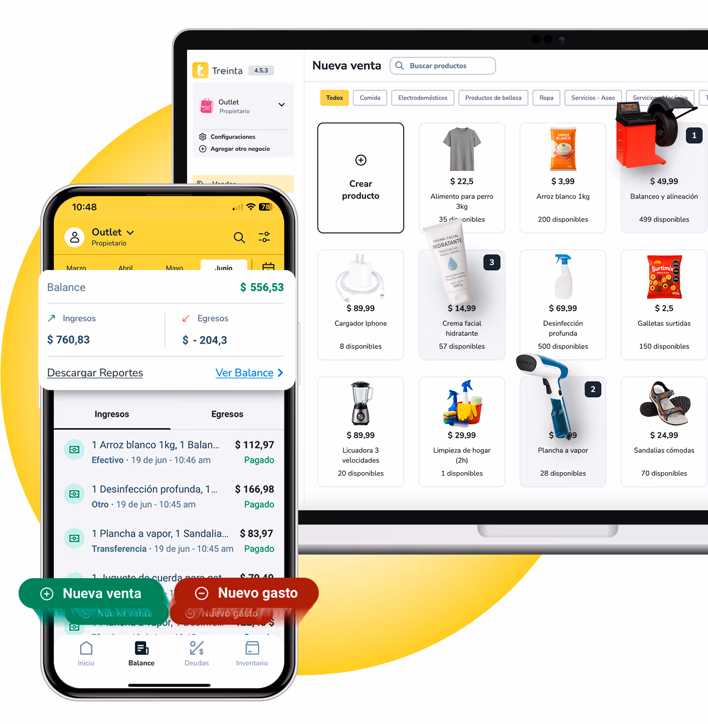 Panel de Treinta con funciones de venta, control de productos e ingresos en app móvil y escritorio
