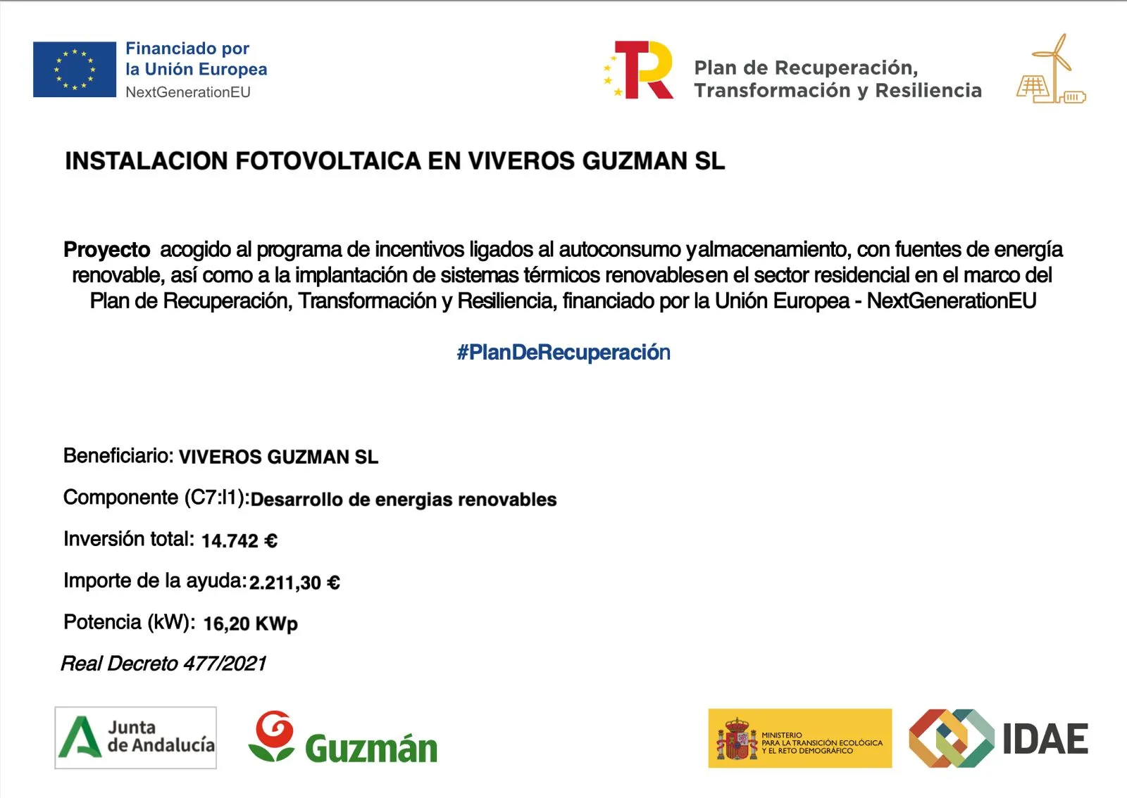 subvenciones instalación fotovoltaica en Viveros Guzman