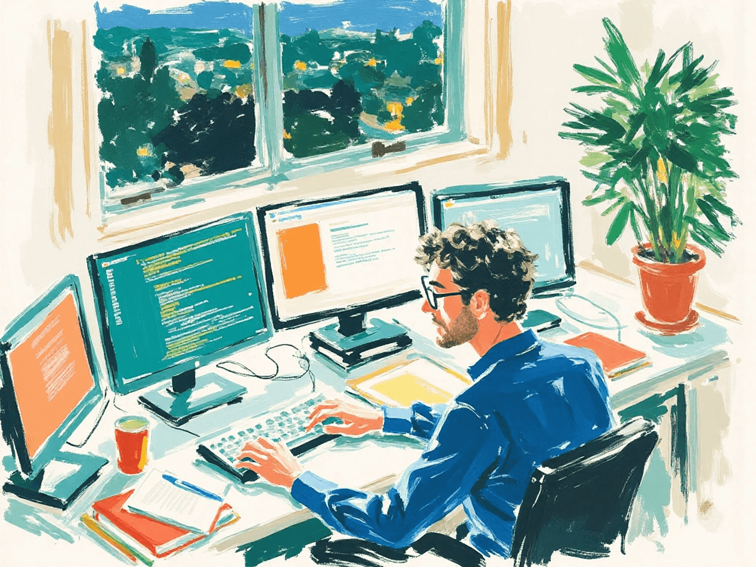 Character portraying an operations leader building their ops stack in front of multiple monitors.