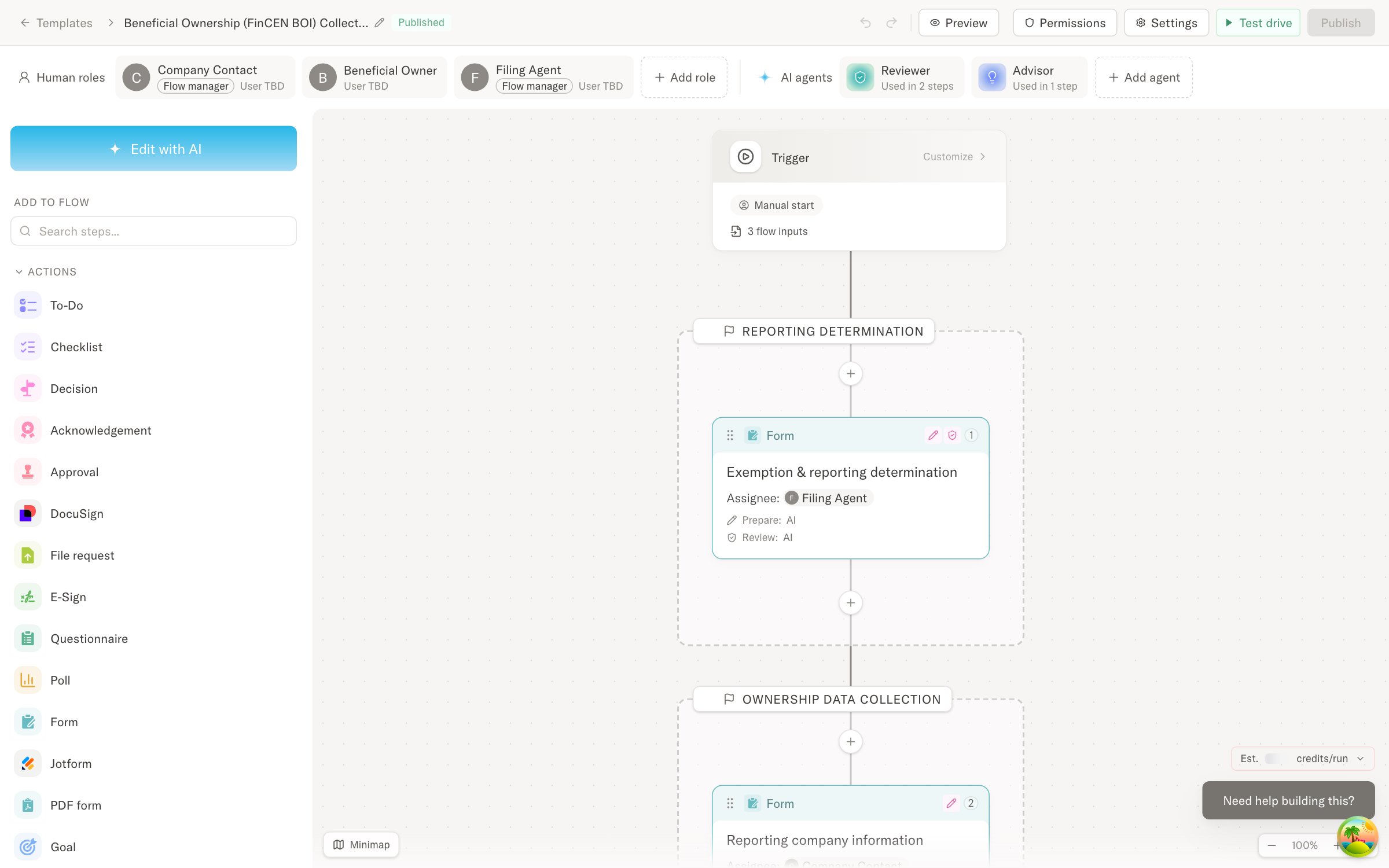 Moxo's flow designer with human roles and AI agents in one workflow