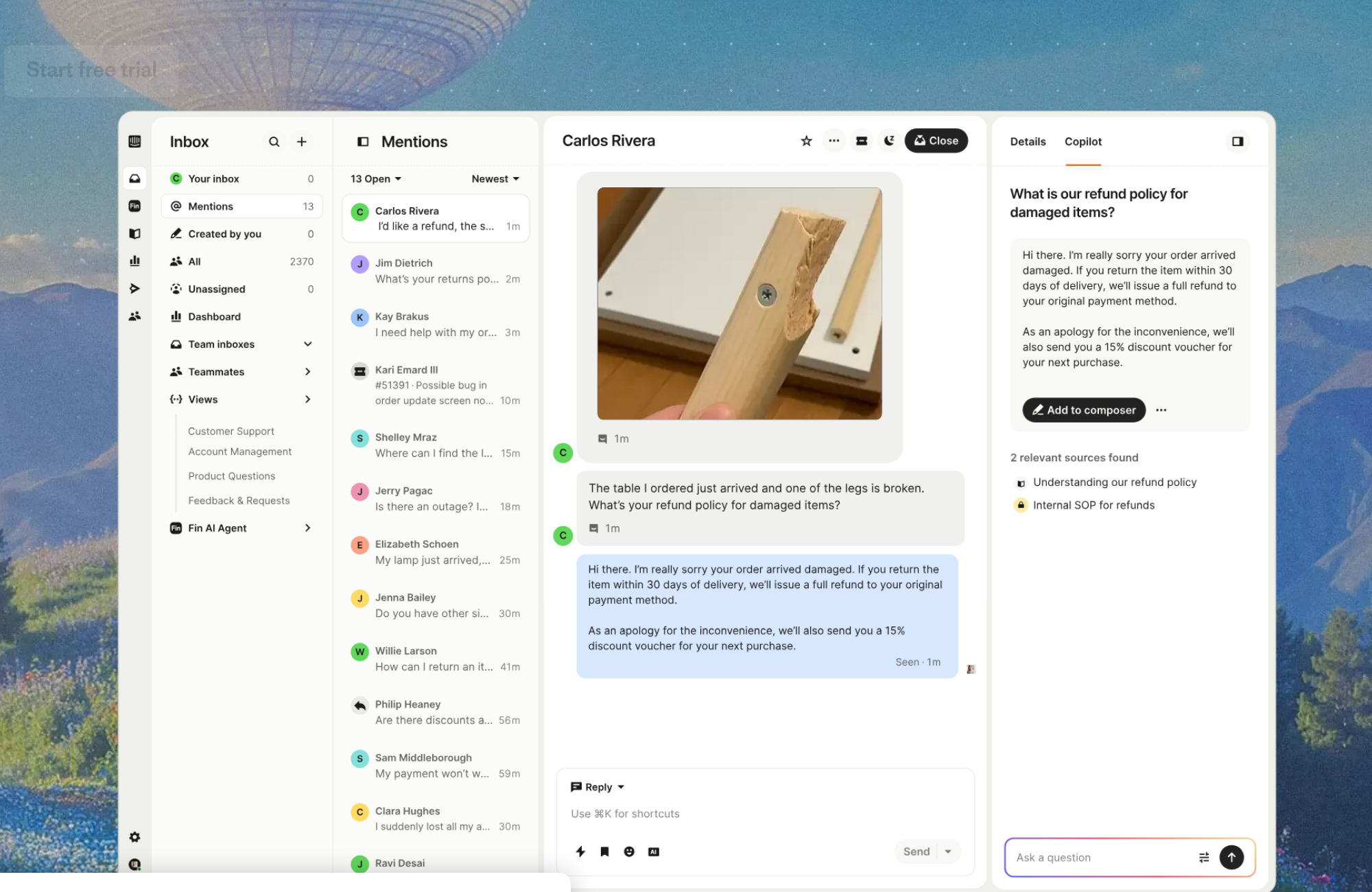 Intercom's helpdesk with the Fin AI agent and Copilot
