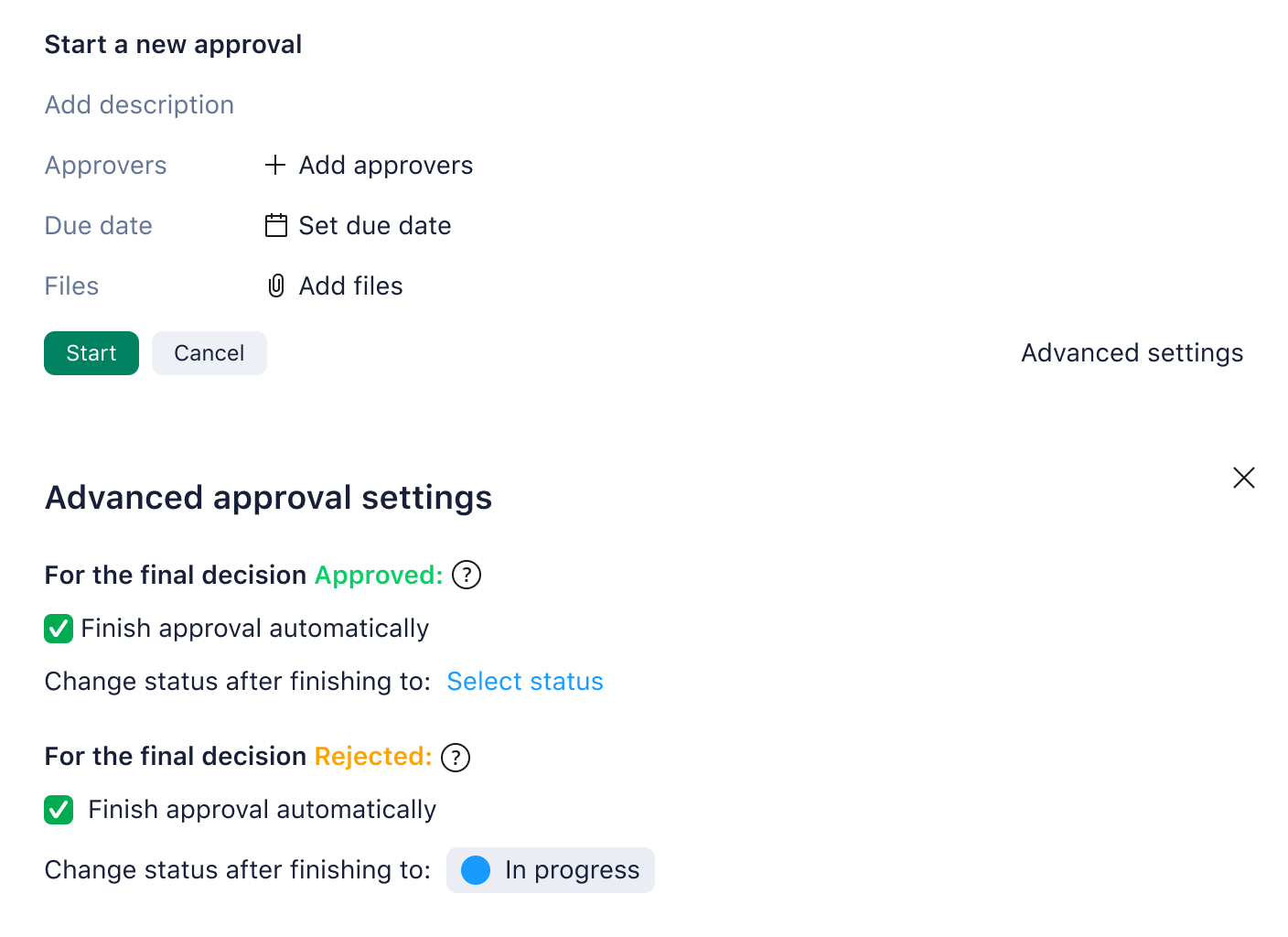Wrike's approval setup with approvers, due dates, and automatic status rules