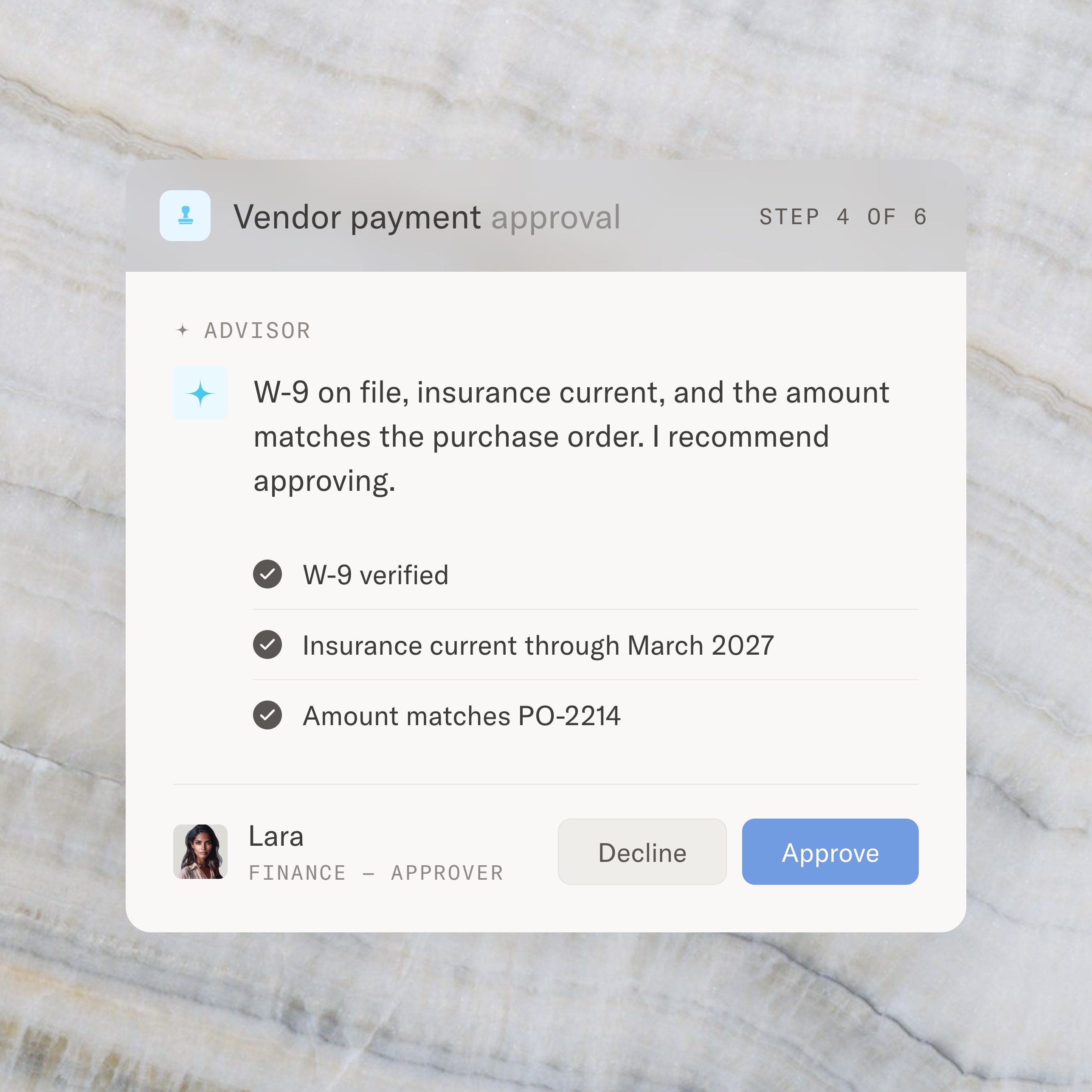 A Moxo approval step with the advisor agent's recommendation, verified checks, and a named human approver