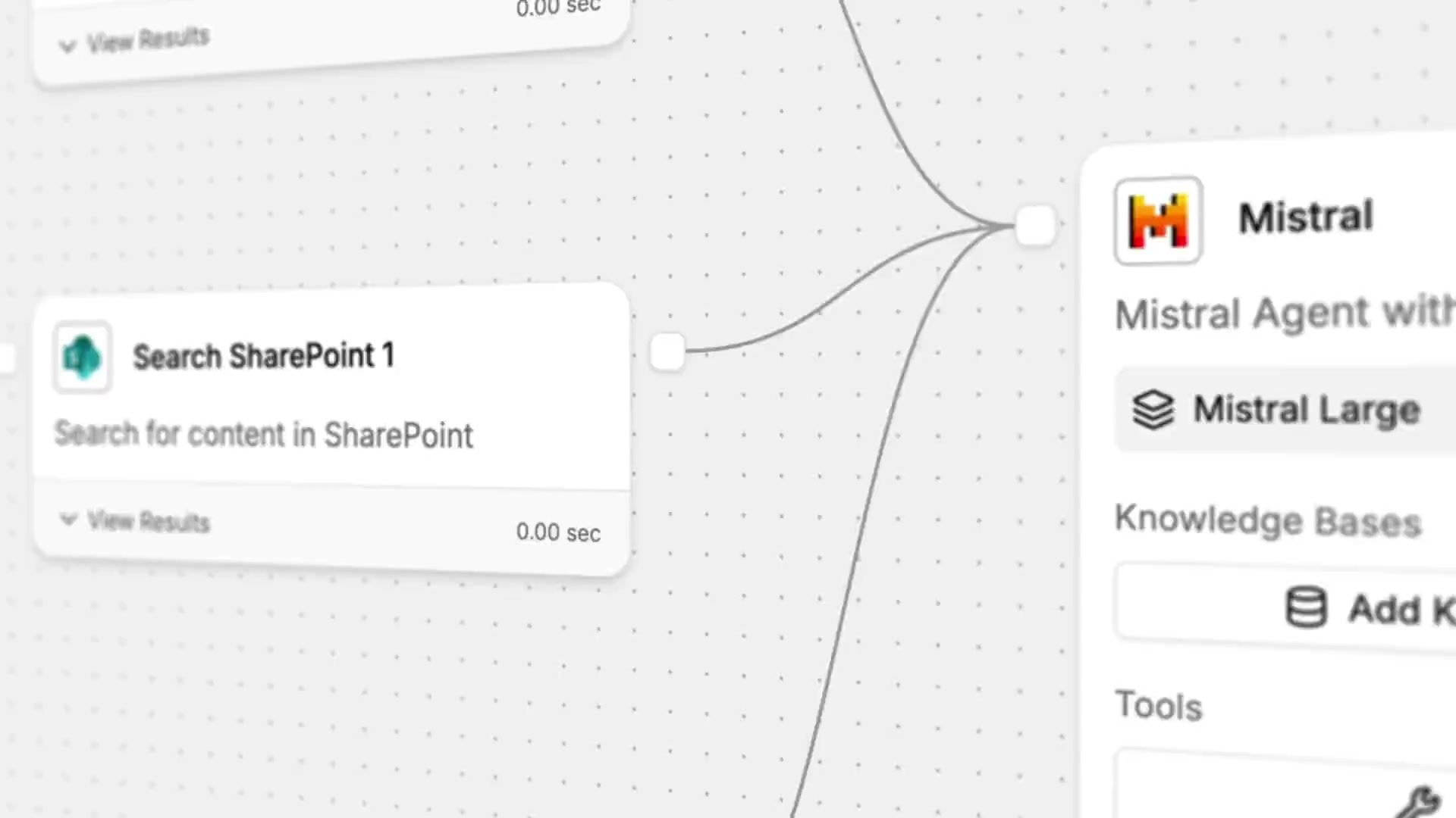 StackAI workflow builder connecting SharePoint search to a Mistral agent