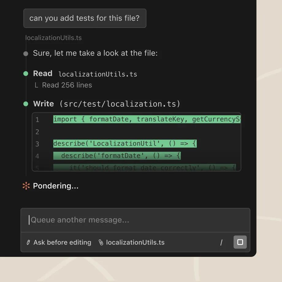 Claude Code writing tests with visible Read and Write tool calls