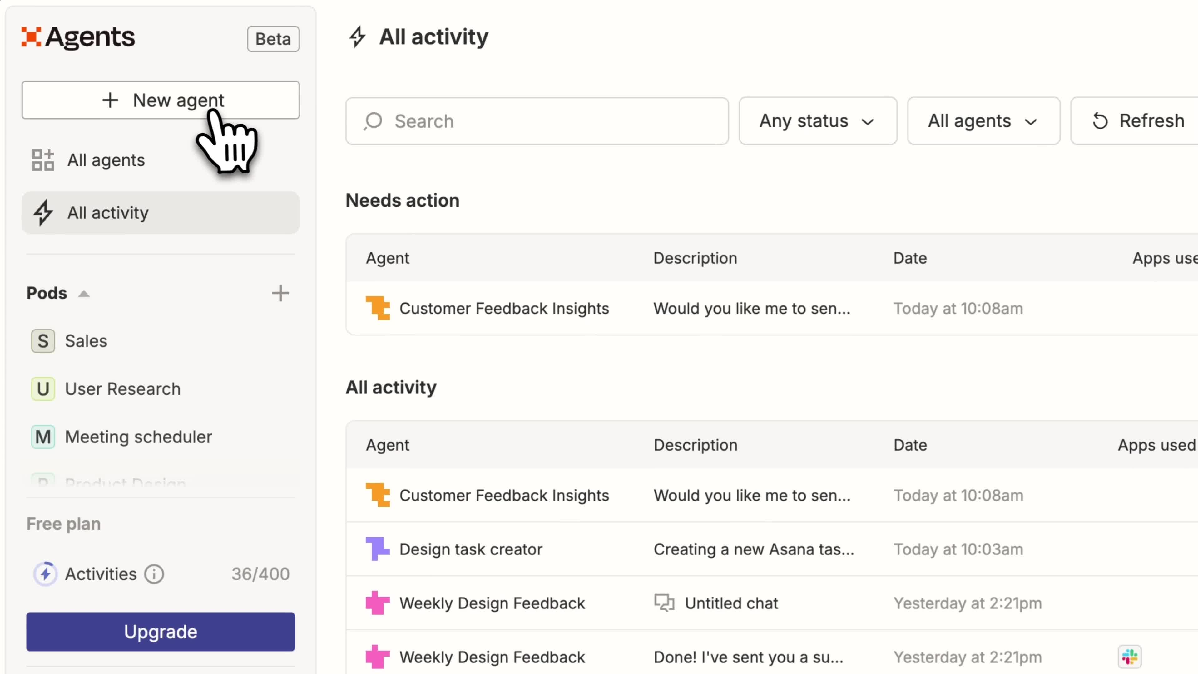 Zapier Agents dashboard with agent activity feed