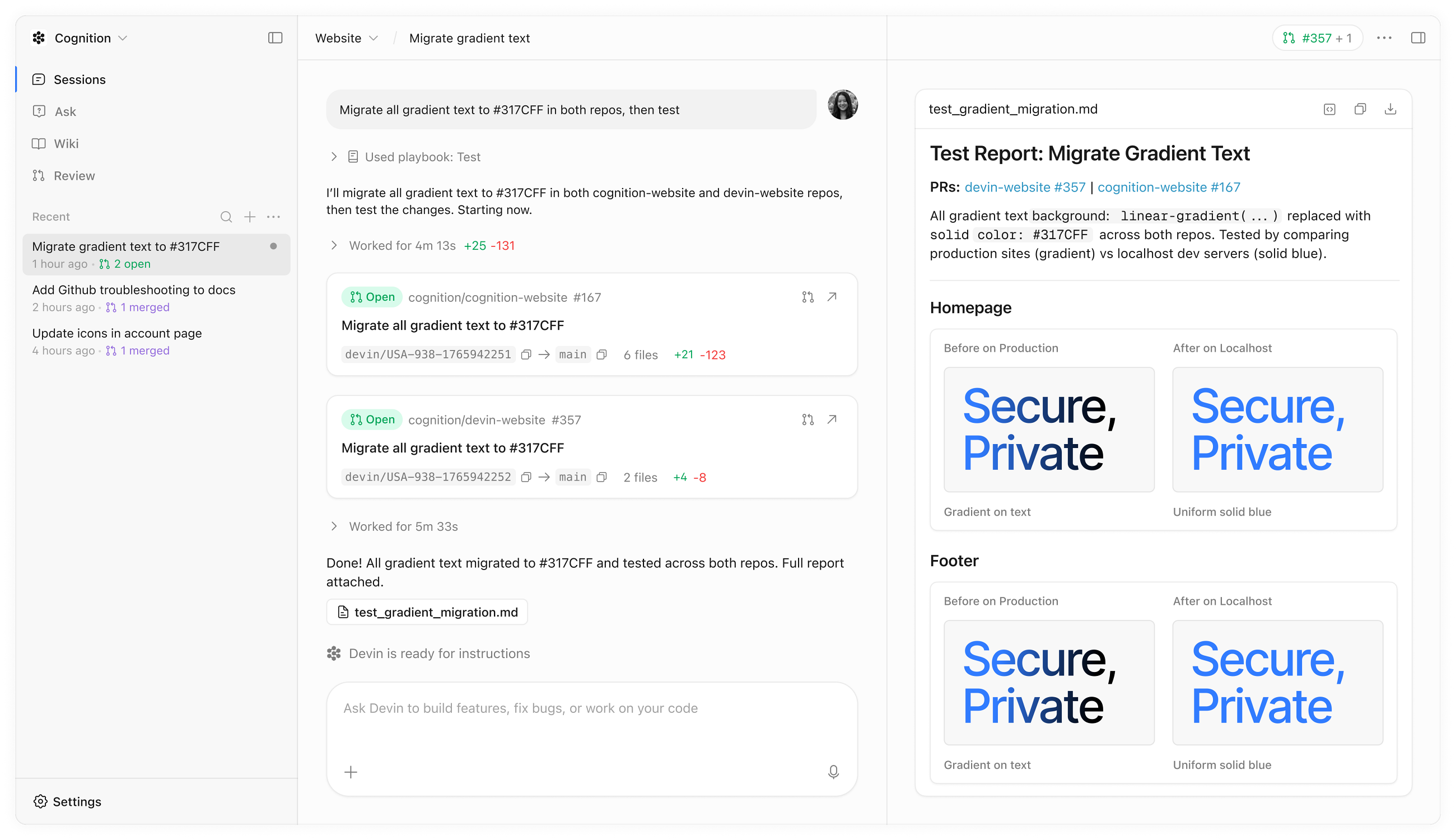 Devin workspace with sessions, task chat, and pull request diffs