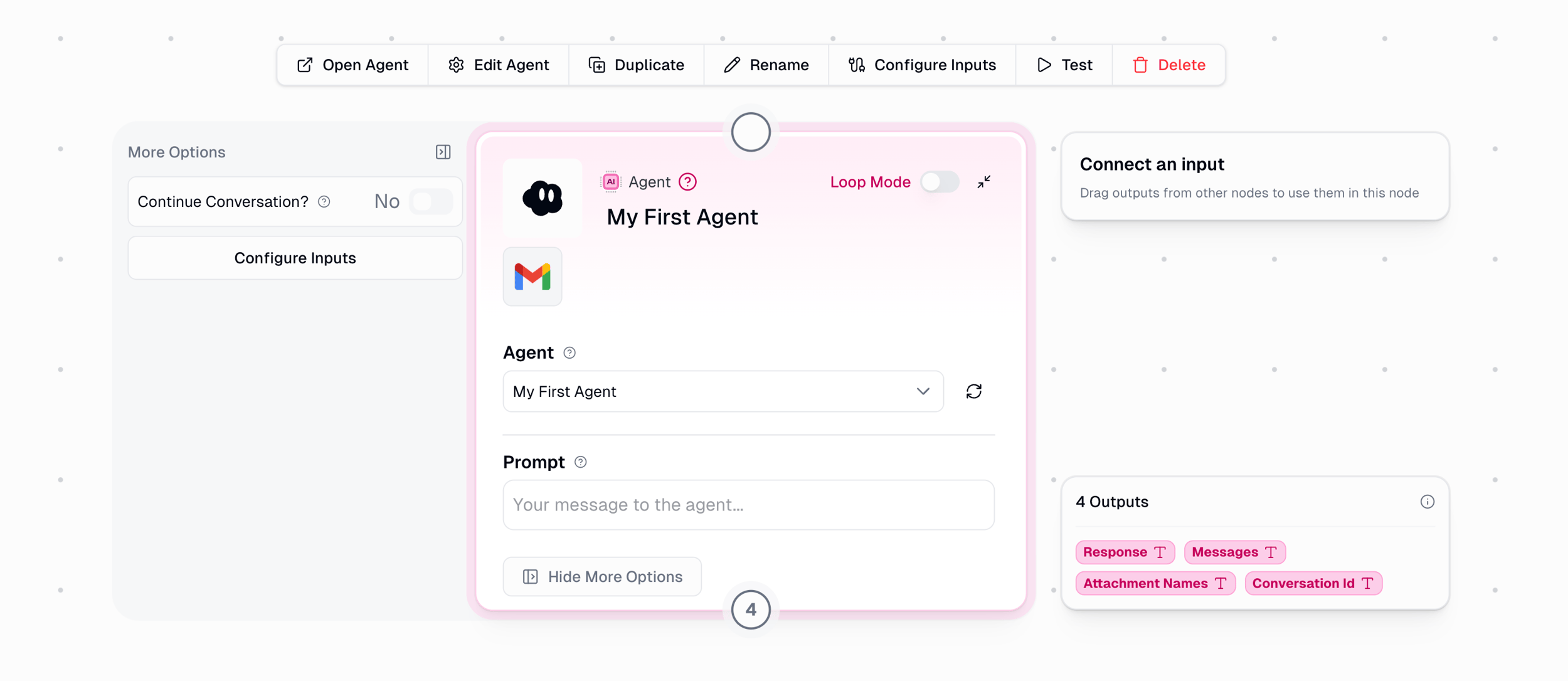 Gumloop canvas with an Agent node in loop mode