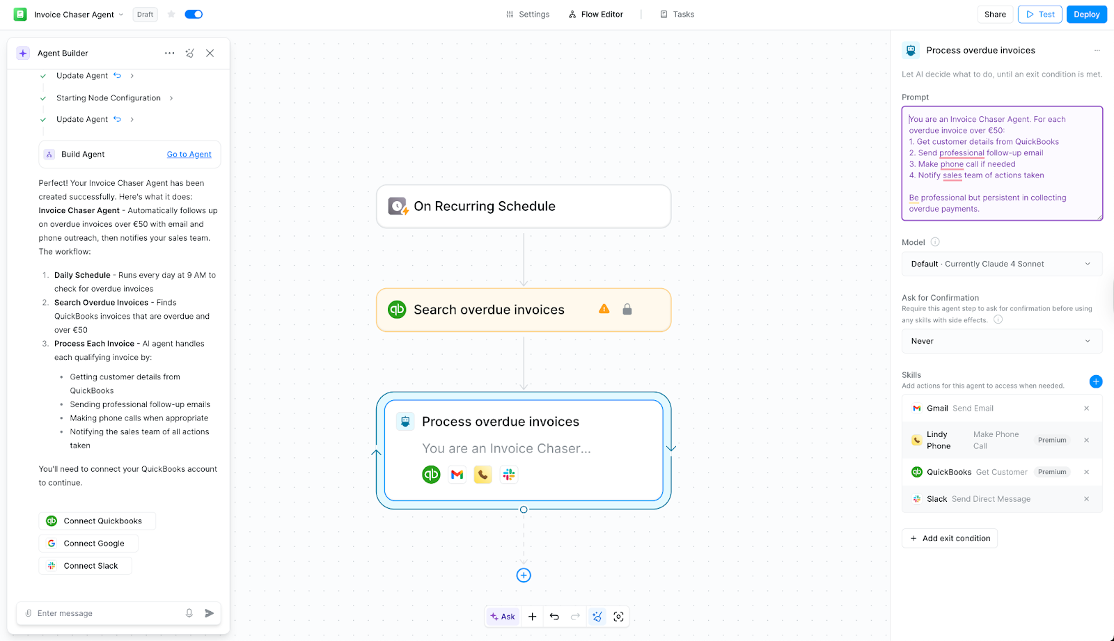 Lindy Agent Builder creating an Invoice Chaser Agent with QuickBooks, Gmail, phone, and Slack skills