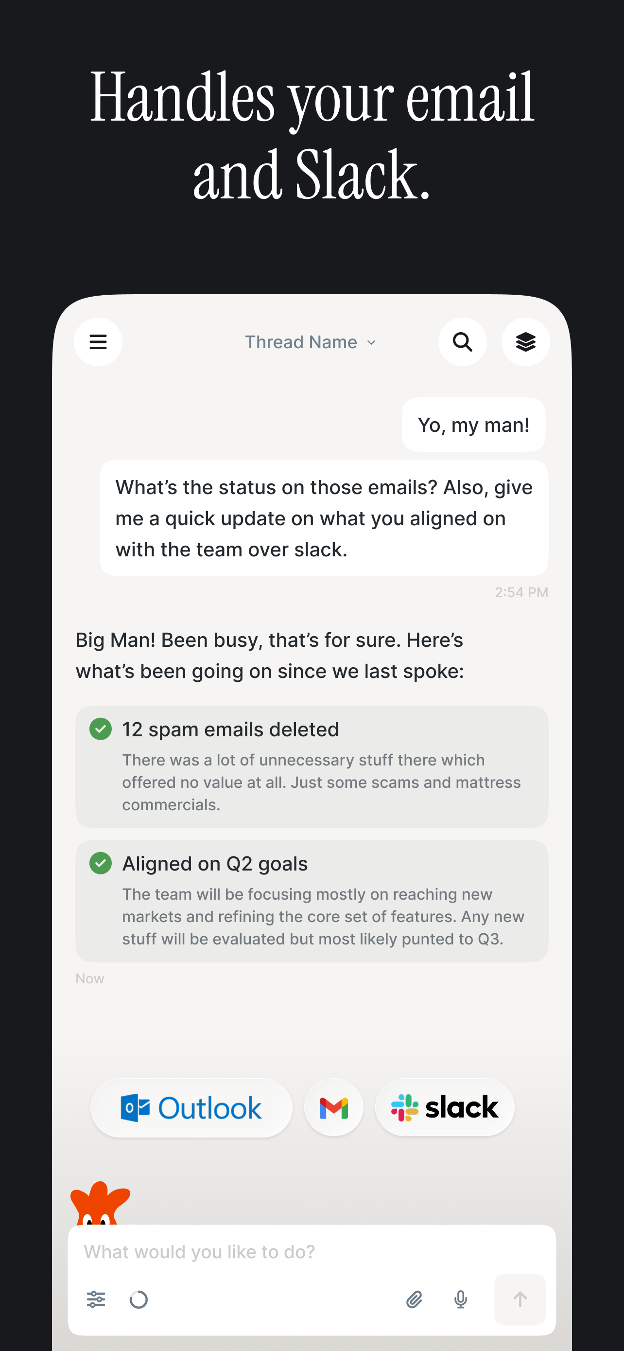 Vellum assistant showing completed email and Slack actions