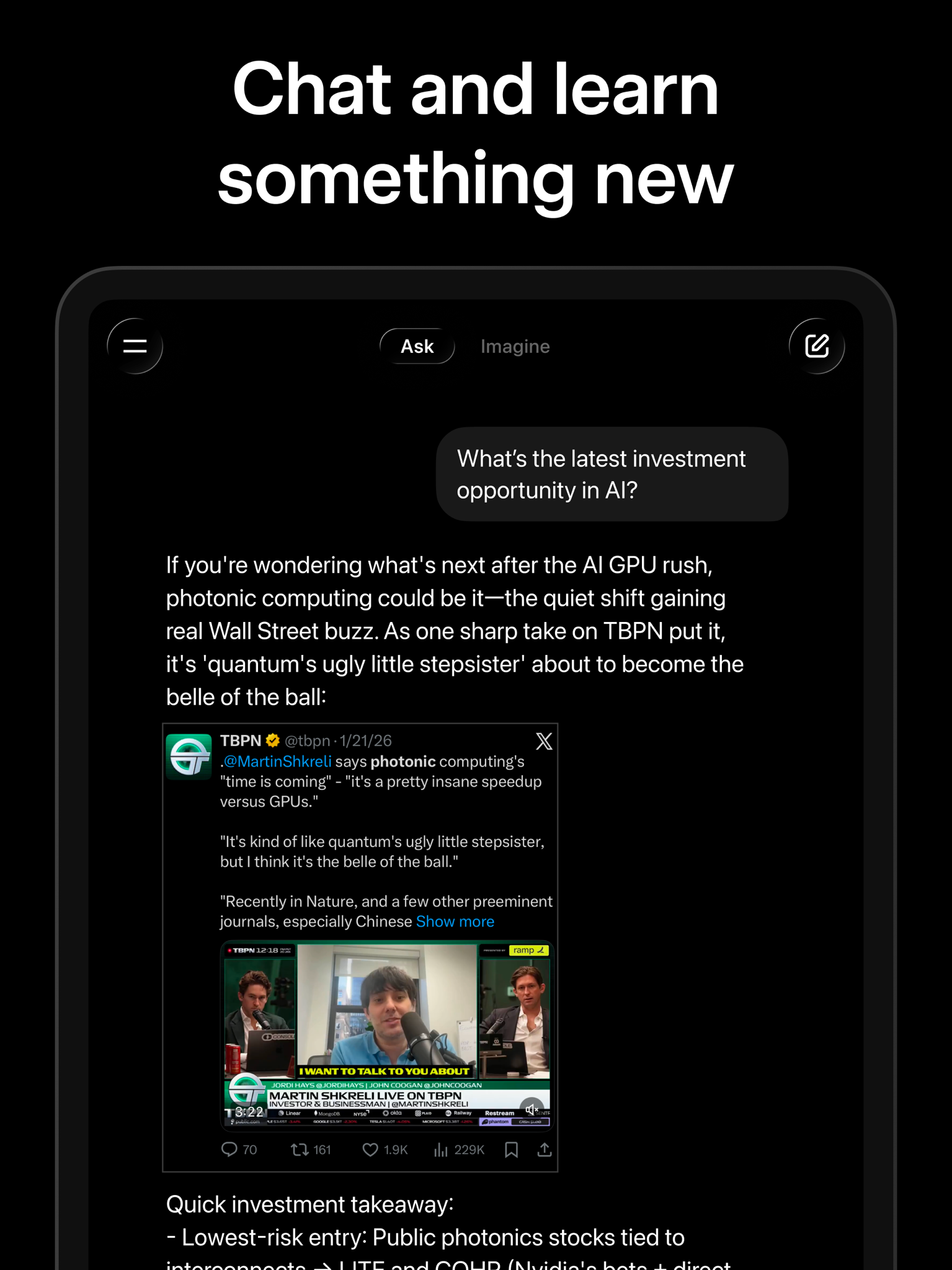 Grok app answering a live question with a cited X post