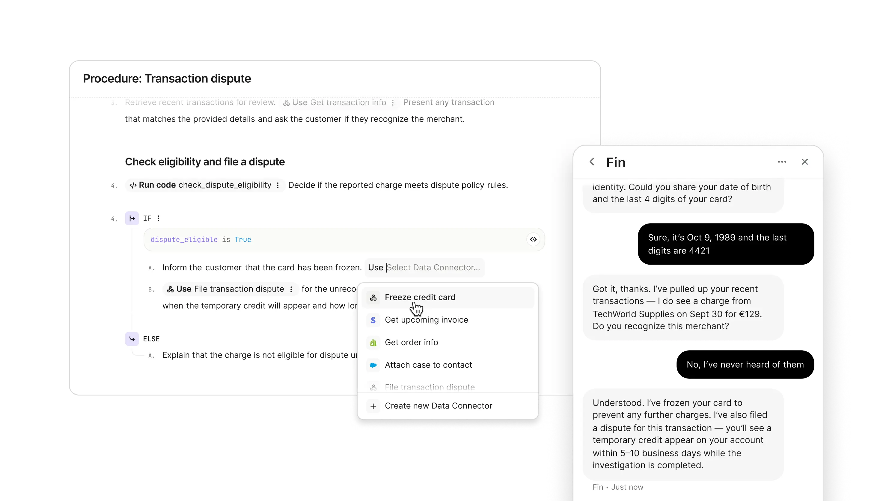 Intercom Fin Procedures builder next to a live chat resolution