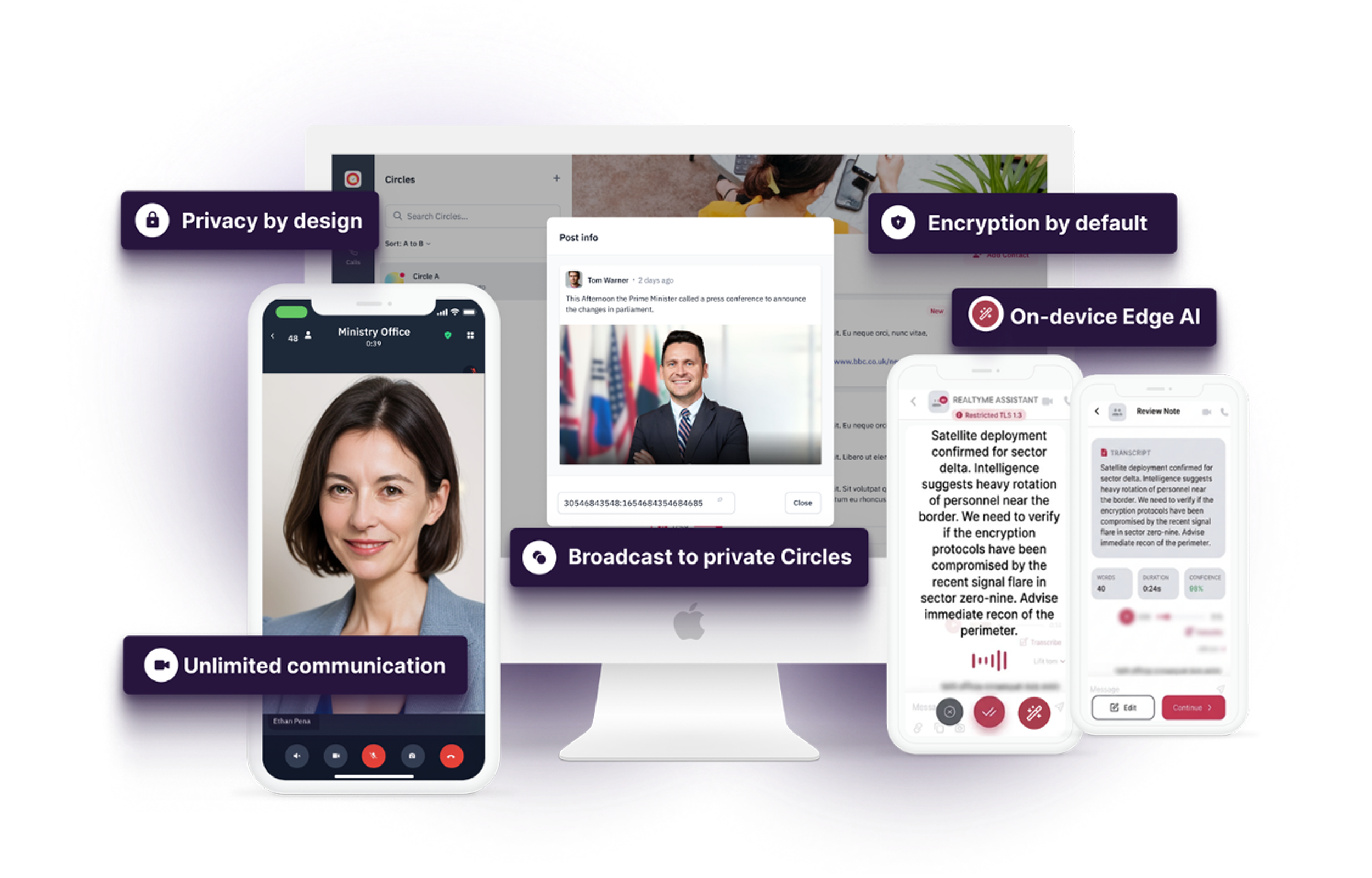 RealTyme's secure, sovereign, and edge AI powered communication app displayed on a smartphone and desktop.