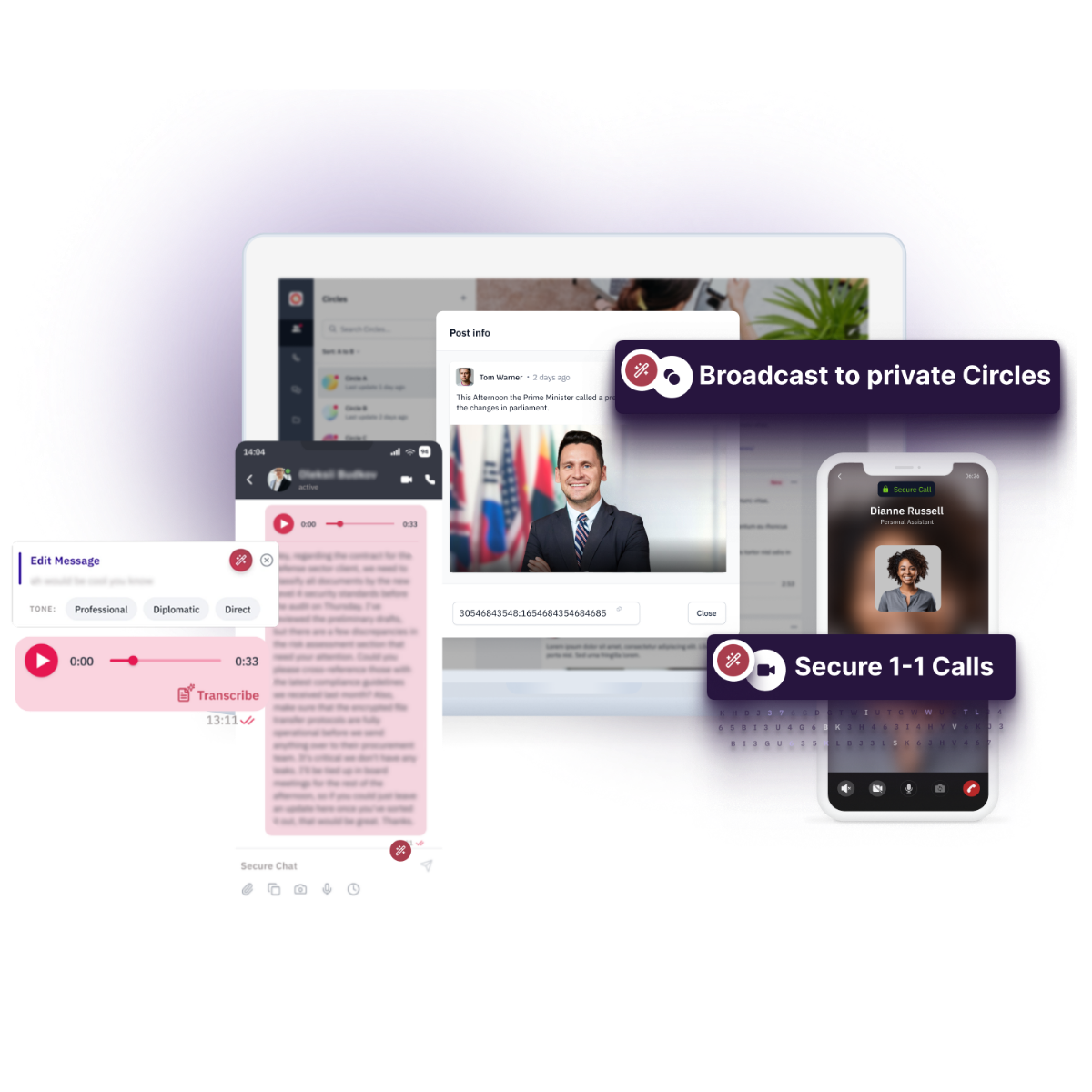 RealTyme interface showing secure 1-1 calls, Edge AI assistant on a smartphone and the ability to broadcast to private circles on a desktop.