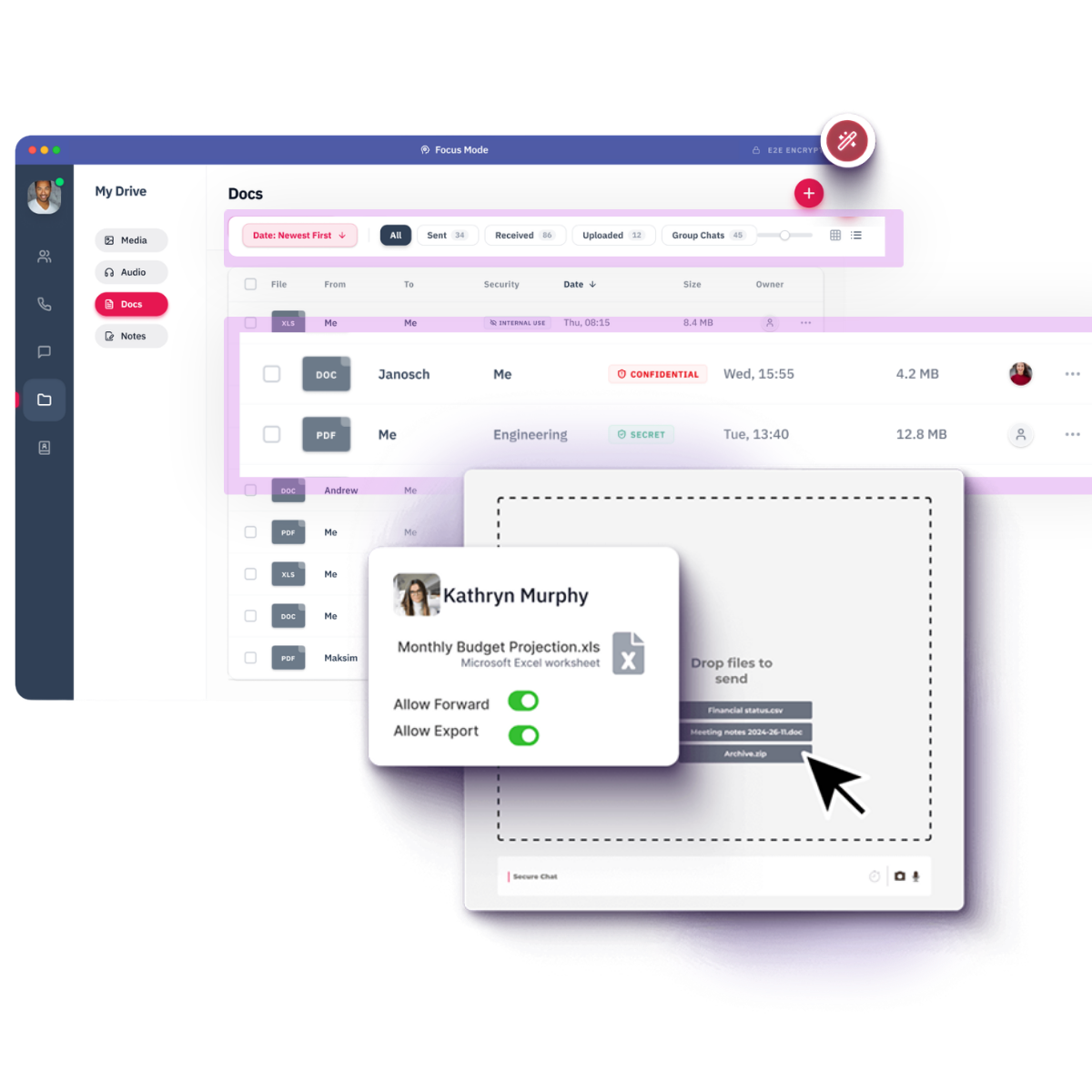 RealTyme interface showing file sharing, AI document classifier, with options to allow forwarding and exporting, alongside a drag-and-drop area for sending files securely.