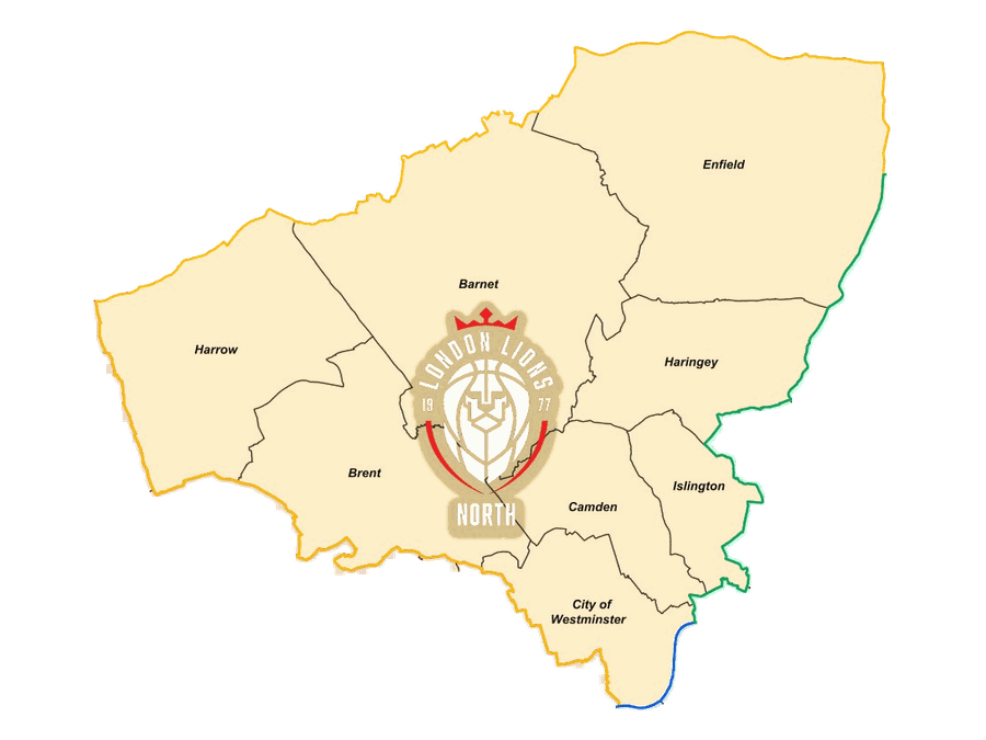 Map of the London Lions North region: Enfield, Barnet, Harrow, Brent, Haringey, Camden, Islington and Westminster